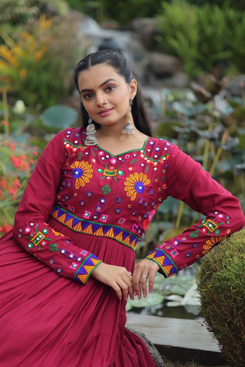 Navratri Glow Maroon Mirror Magic Gown