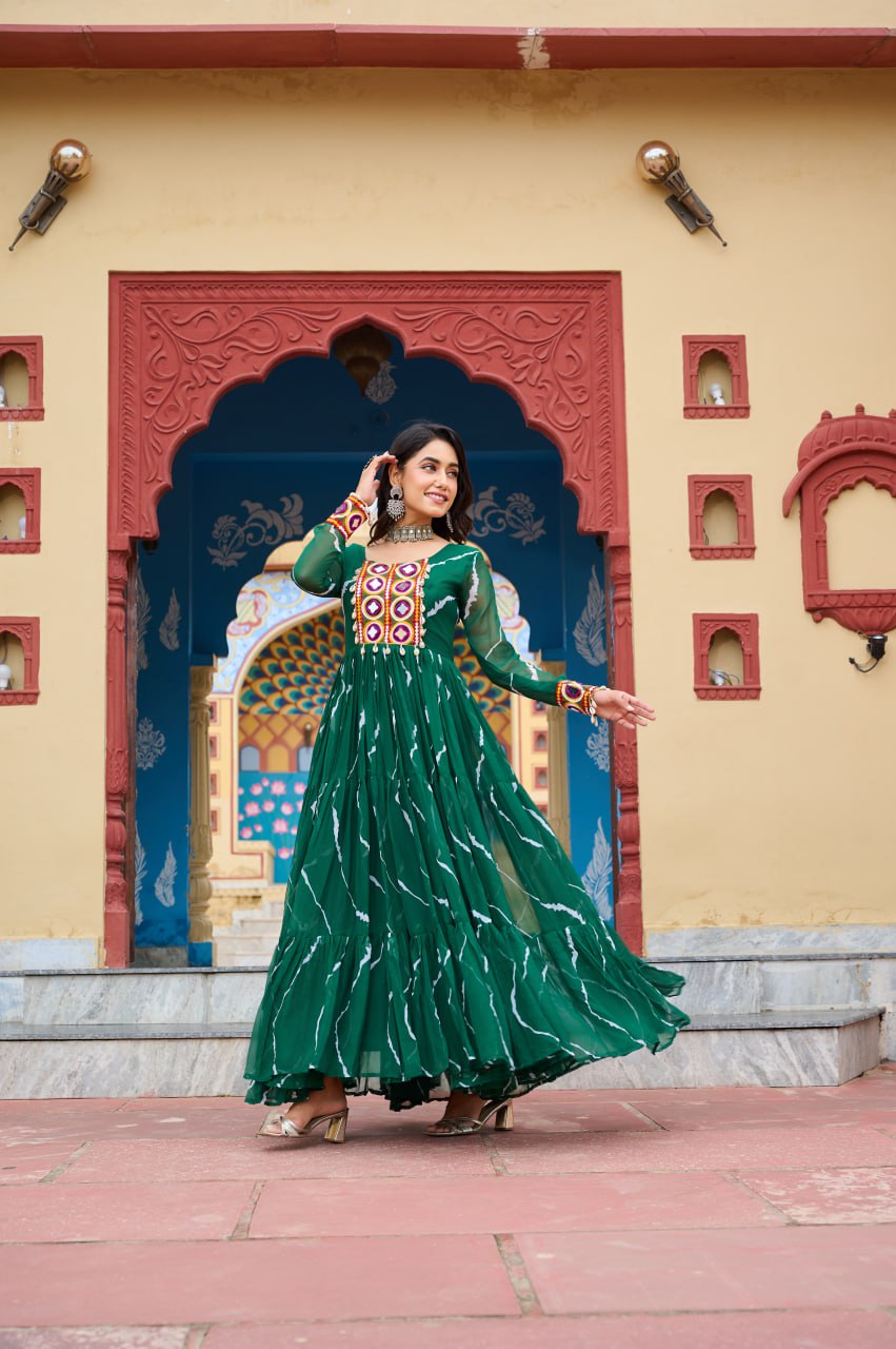 Rangtaari Bandhani Mirror Work Trio Gown