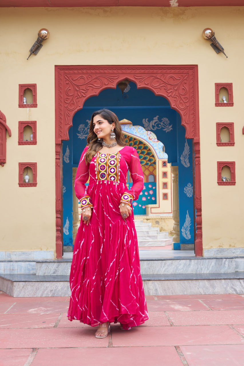 Rangtaari Bandhani Mirror Work Trio Gown