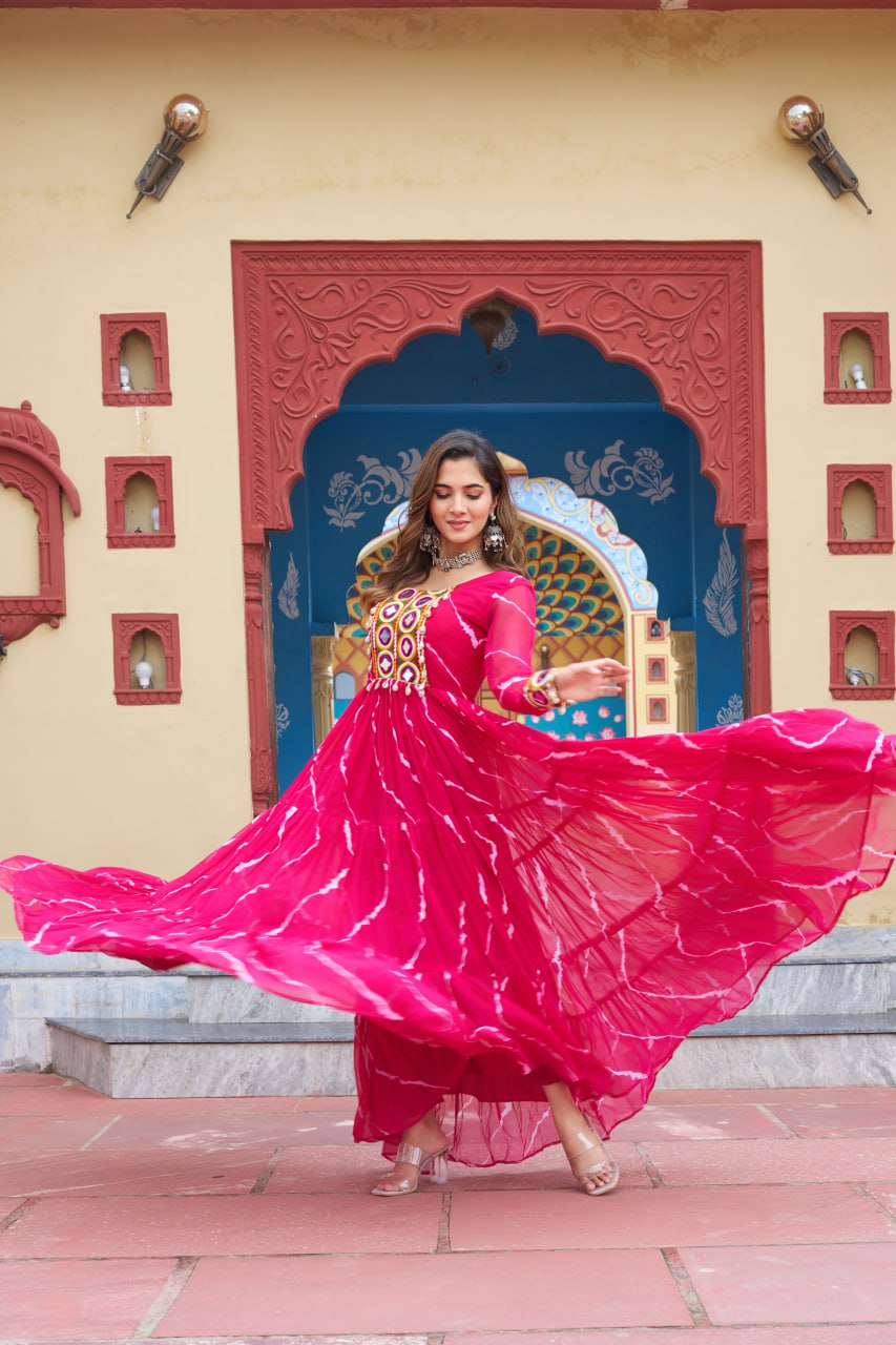 Rangtaari Bandhani Mirror Work Trio Gown