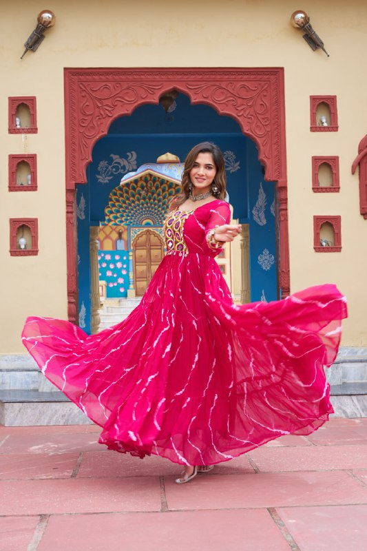 Rangtaari Bandhani Mirror Work Trio Gown