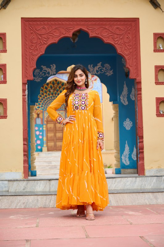 Rangtaari Bandhani Mirror Work Trio Gown