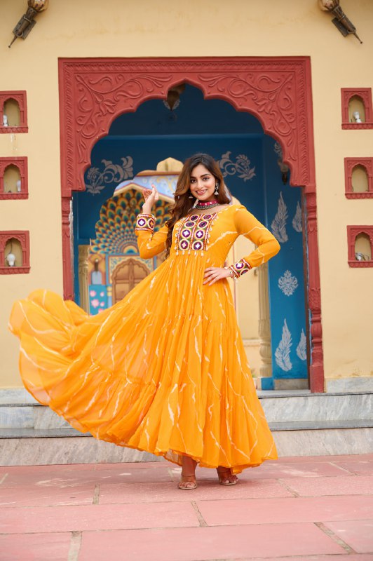 Rangtaari Bandhani Mirror Work Trio Gown