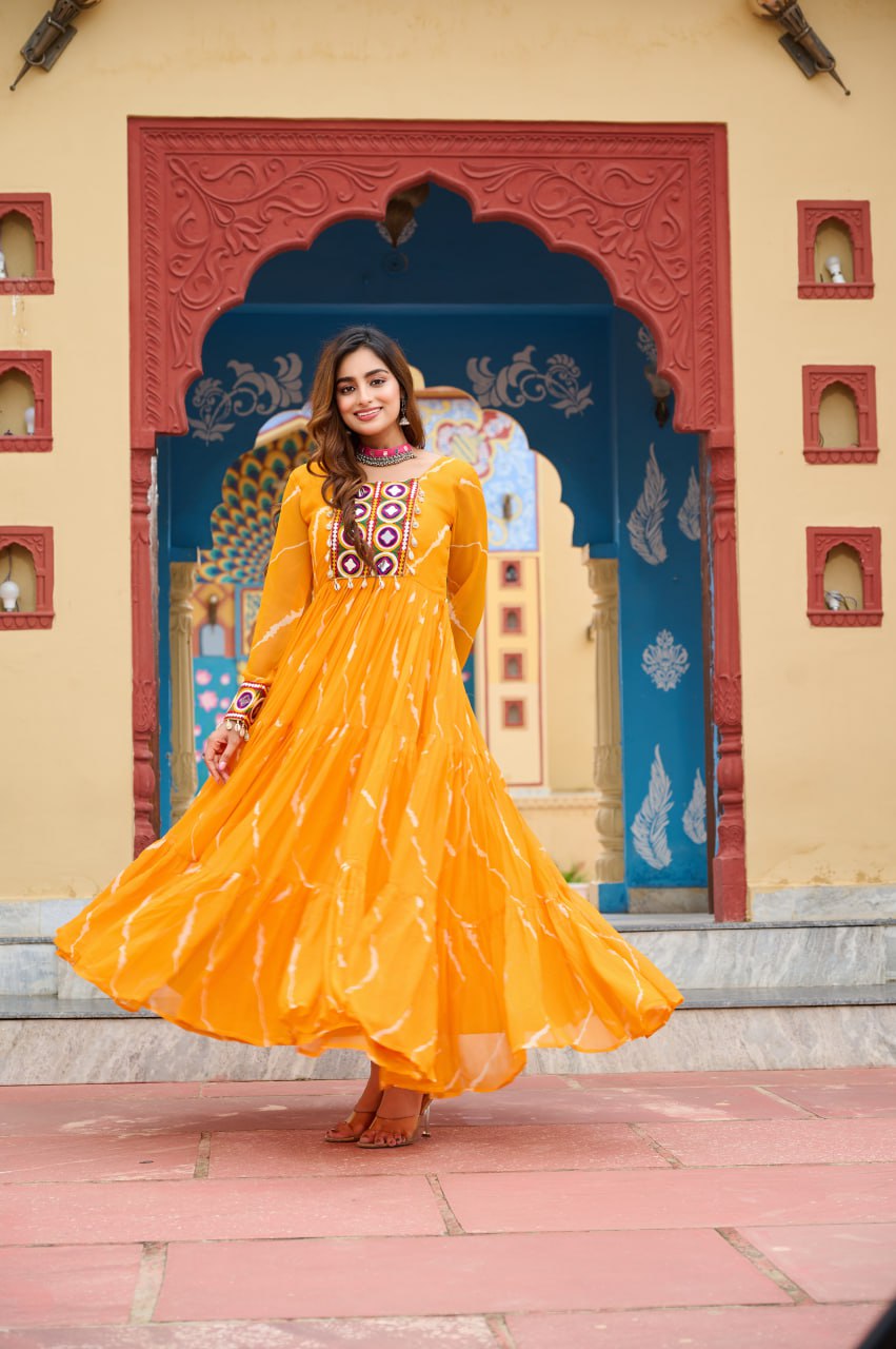Rangtaari Bandhani Mirror Work Trio Gown