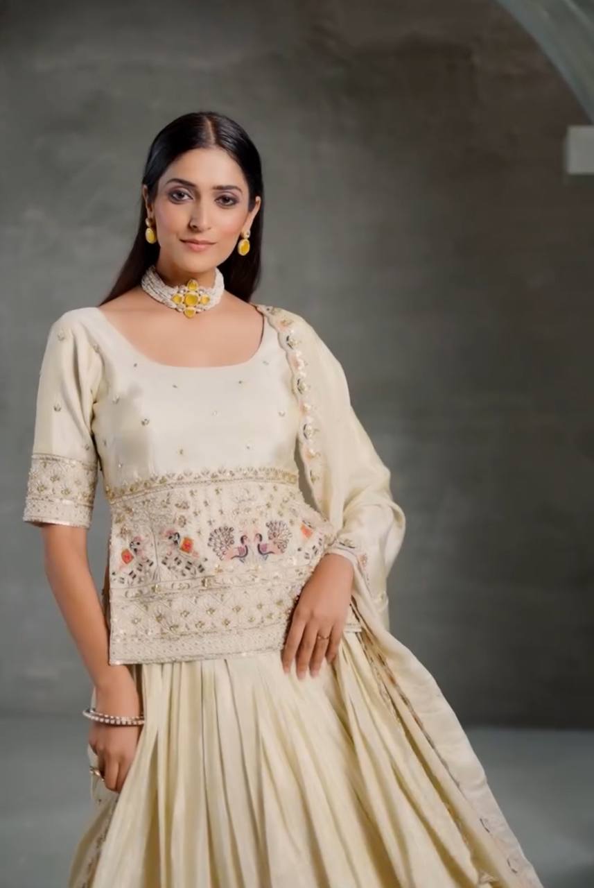 Nooraniyat White Peacock Embroidery Lehenga Set
