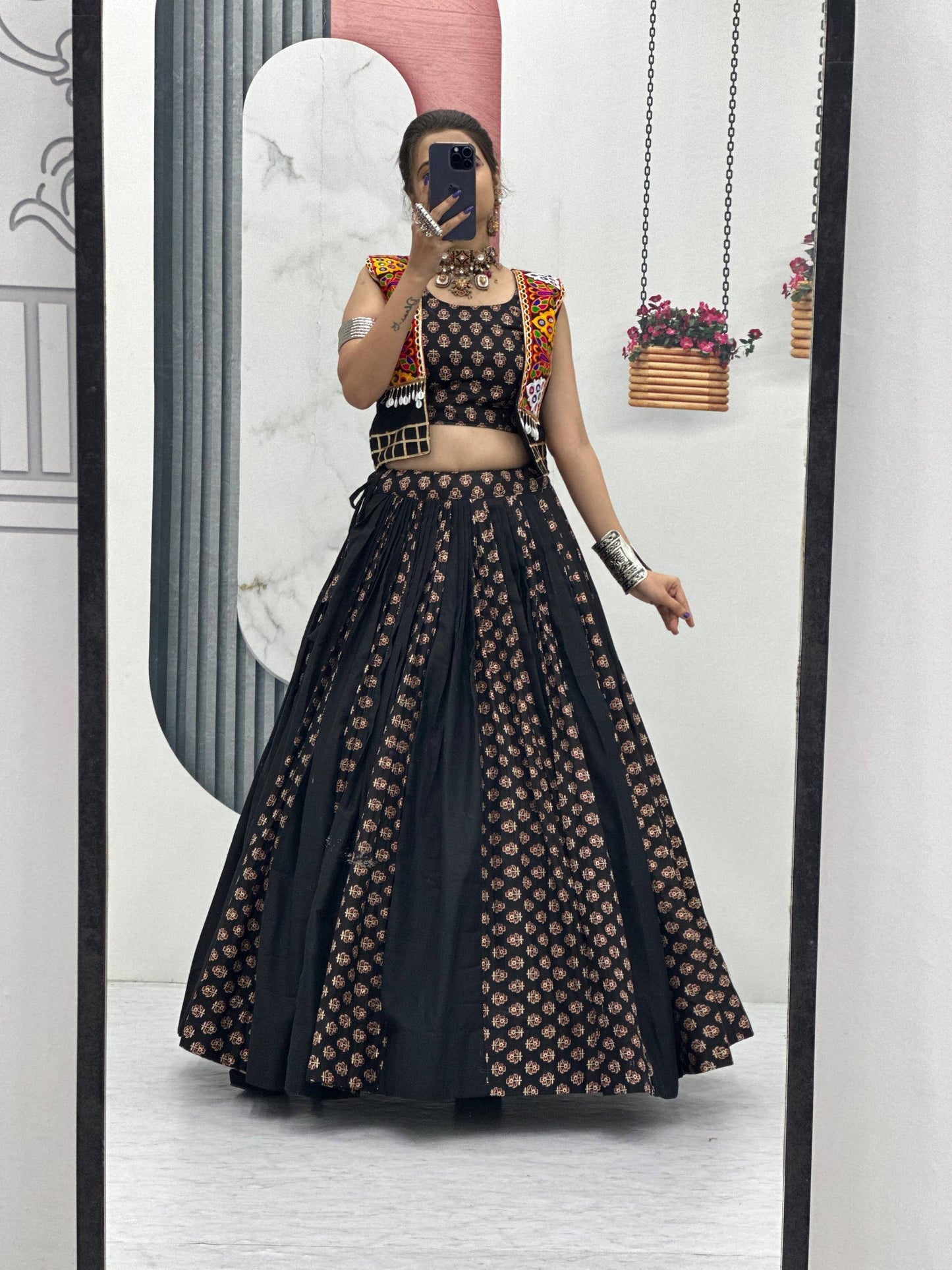 Meera Black Mirrorwork With Kutch Jacket Navratri Lehenga Set