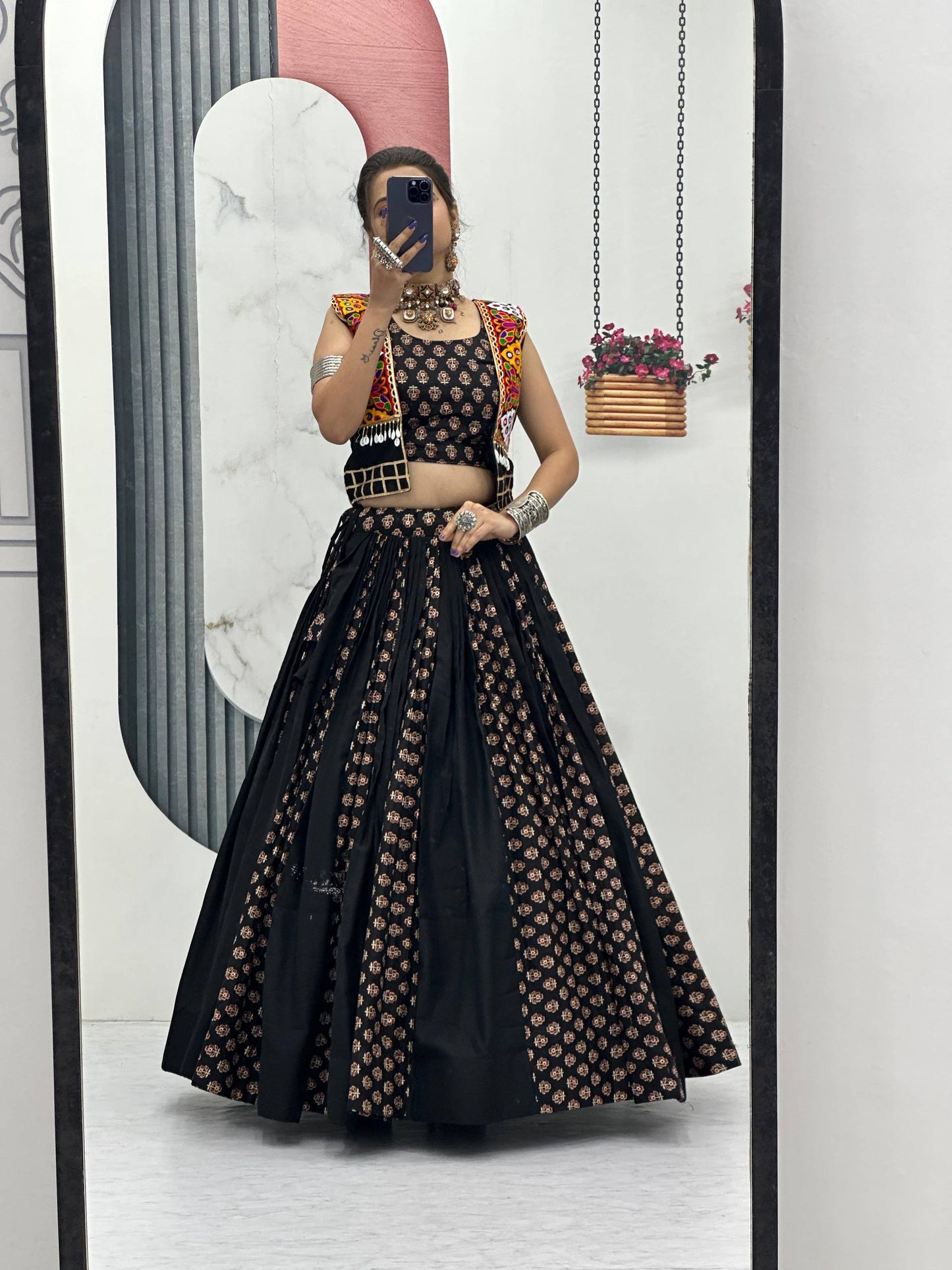 Meera Black Mirrorwork With Kutch Jacket Navratri Lehenga Set