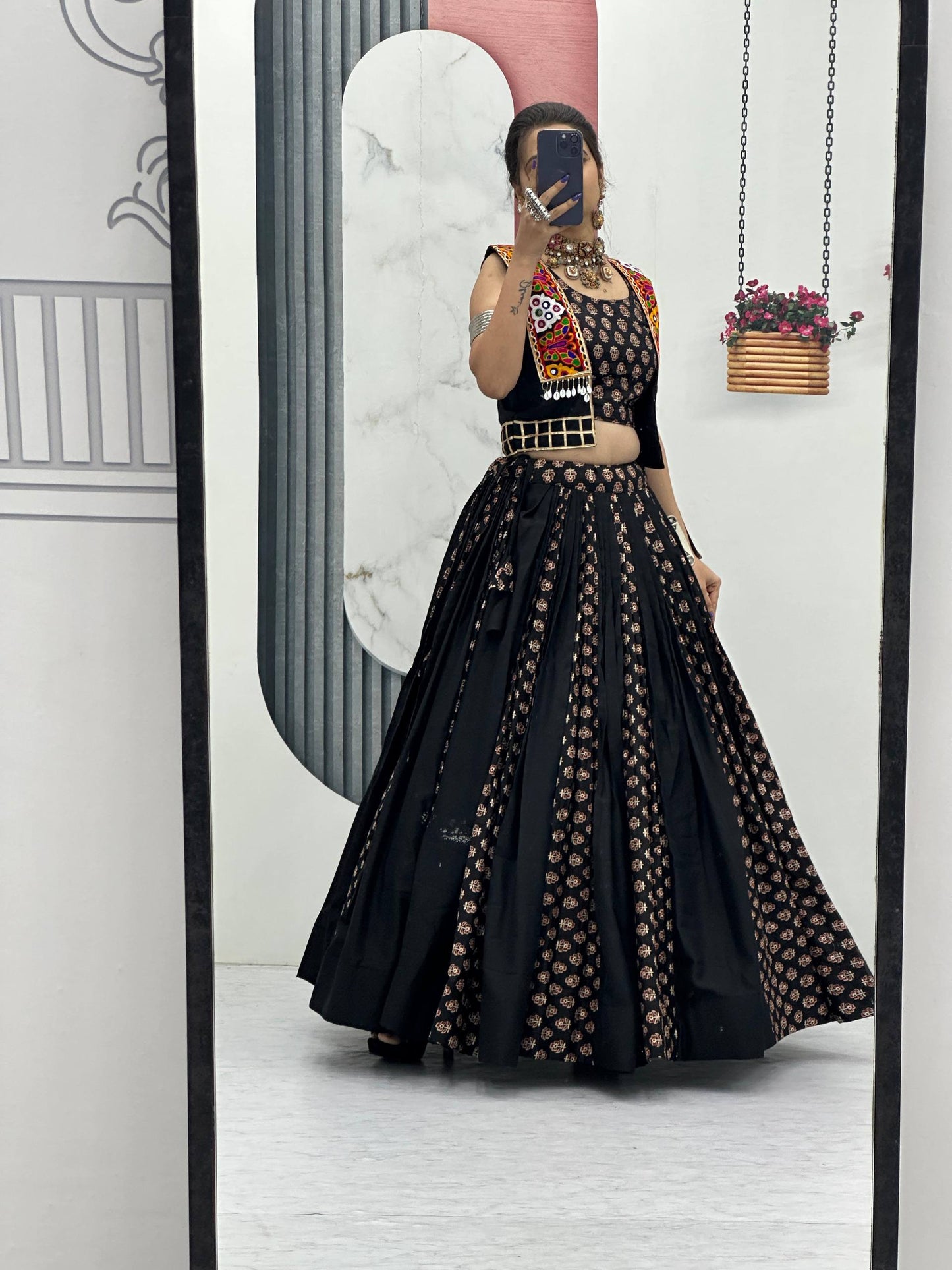 Meera Black Mirrorwork With Kutch Jacket Navratri Lehenga Set