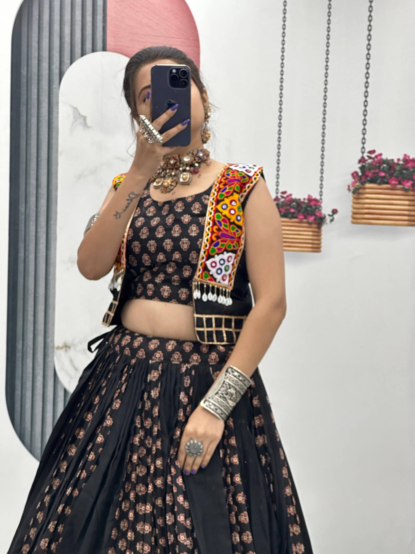 Meera Black Mirrorwork With Kutch Jacket Navratri Lehenga Set
