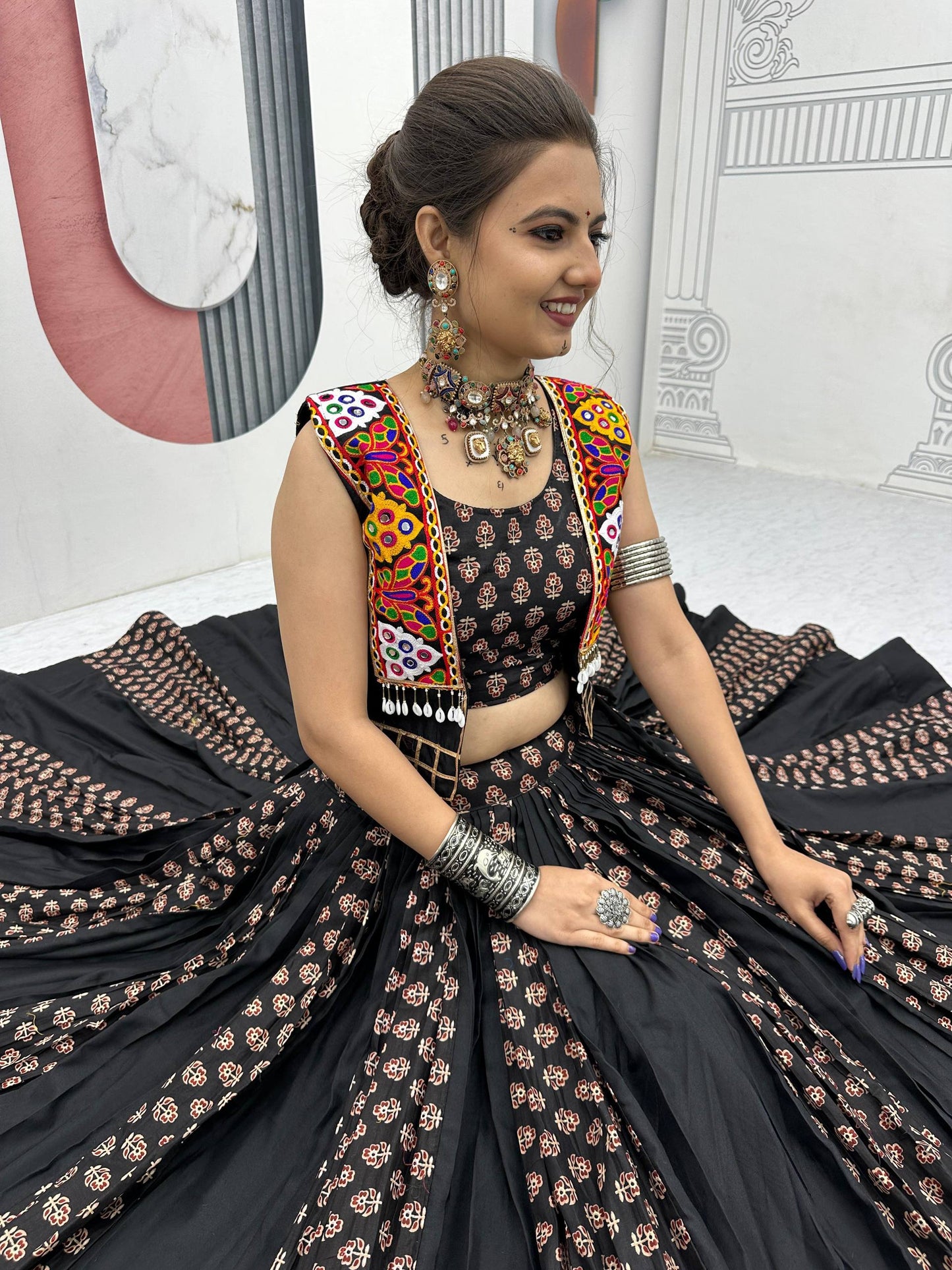 Meera Black Mirrorwork With Kutch Jacket Navratri Lehenga Set