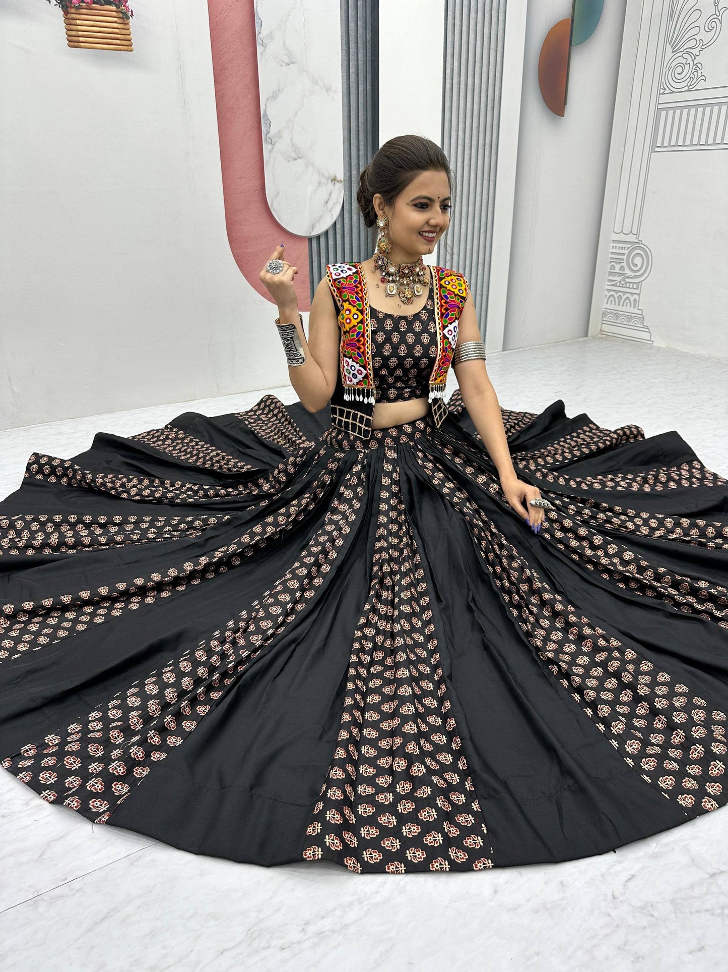 Meera Black Mirrorwork With Kutch Jacket Navratri Lehenga Set