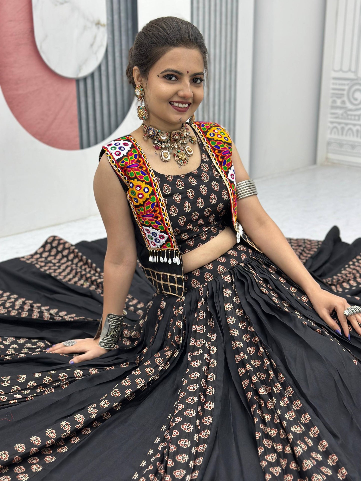 Meera Black Mirrorwork With Kutch Jacket Navratri Lehenga Set