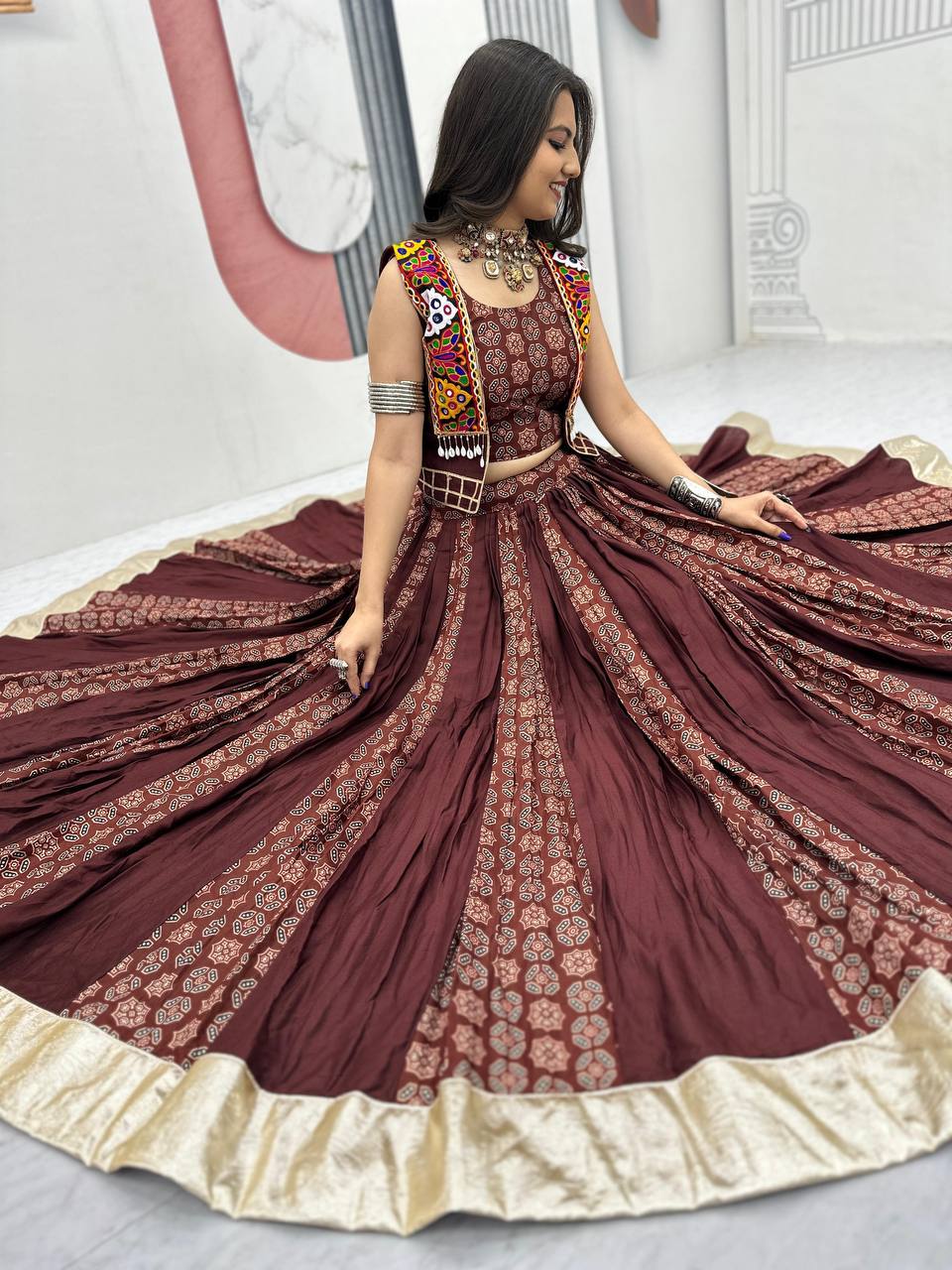 Meera Black Mirrorwork With Kutch Jacket Navratri Lehenga Set