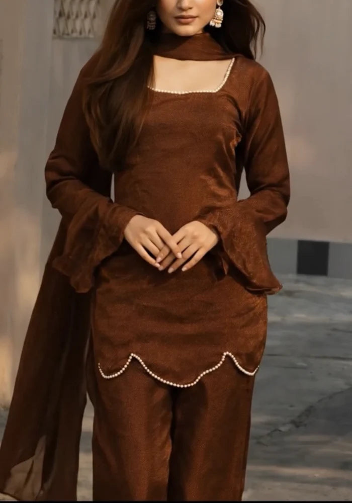 Arzana Cocoa - Pearl Luxe Luminous Suit Set