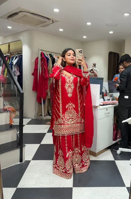 Luxury Red Embroidered Palazzo Suit Set