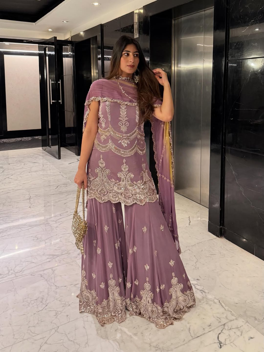 Royal Lilac Embroidered Sharara Set with Dupatta