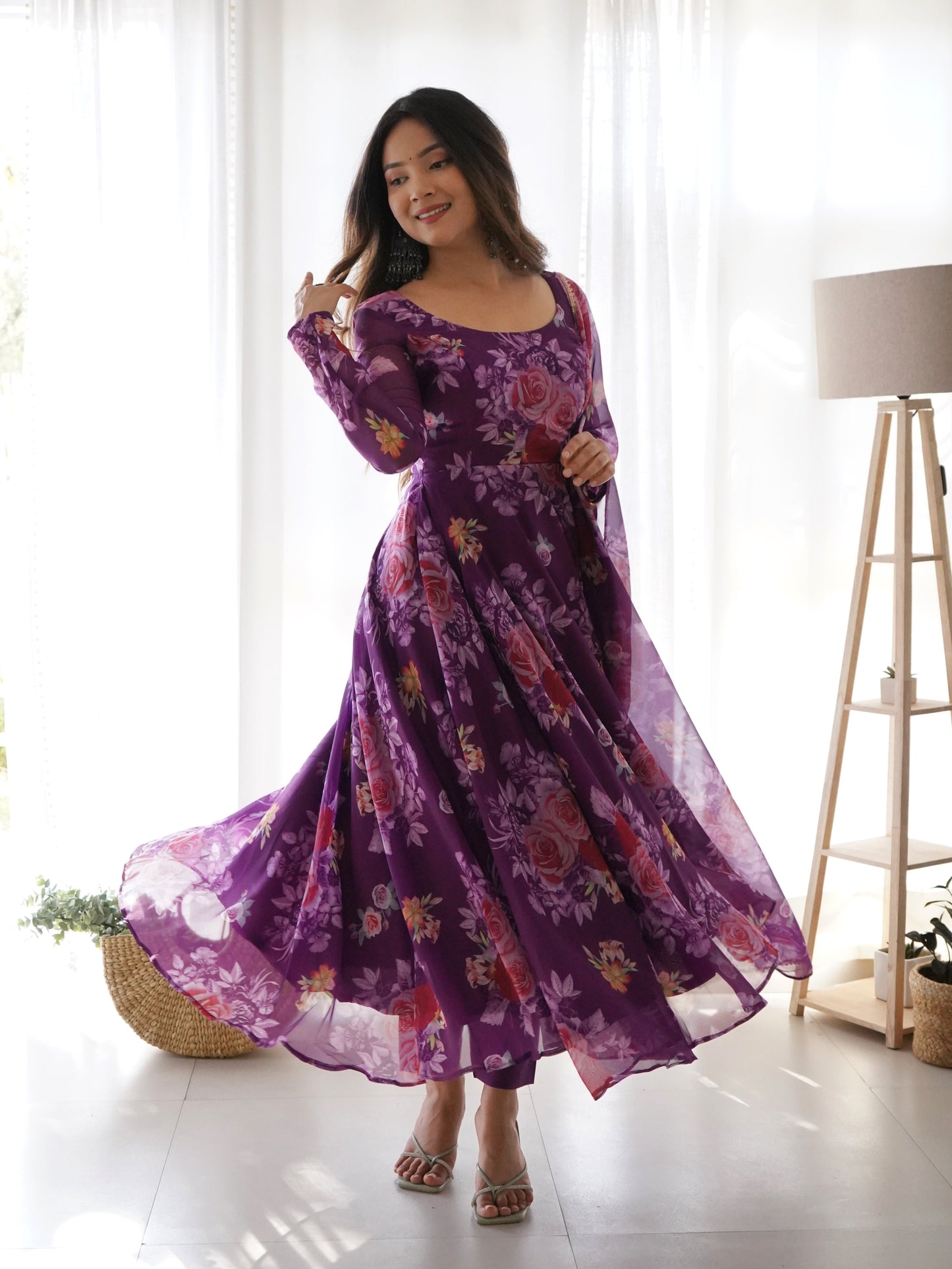 New Purple Colour Flower Print Gown Design NKB-20