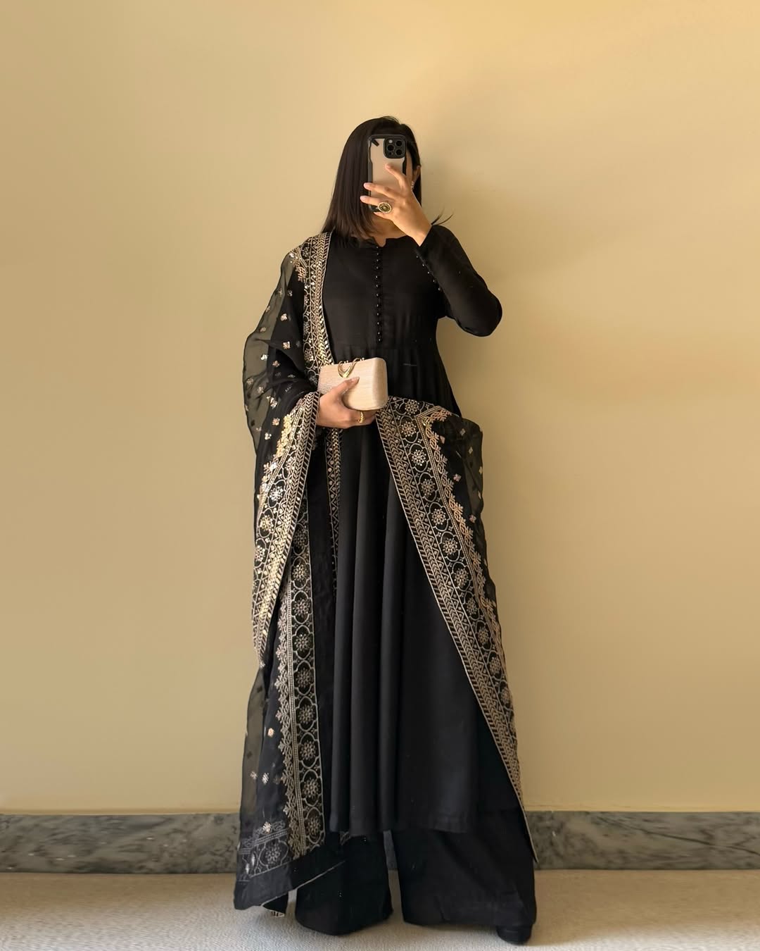 Kalamkari fox georgette black Anarkali suit set