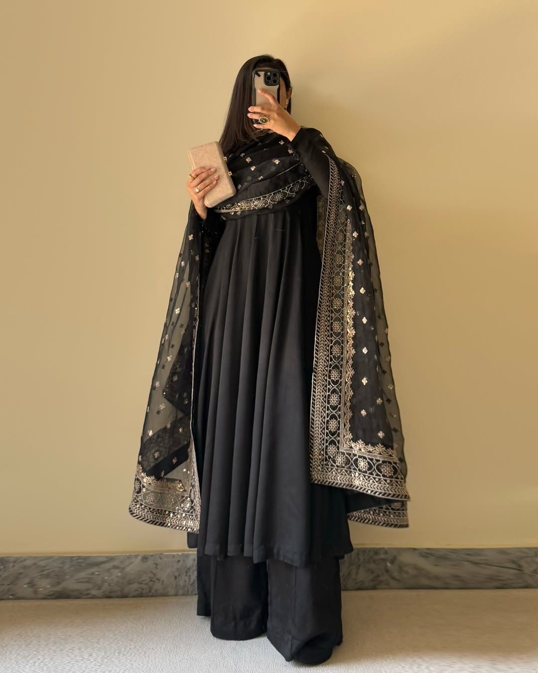 Kalamkari fox georgette black Anarkali suit set