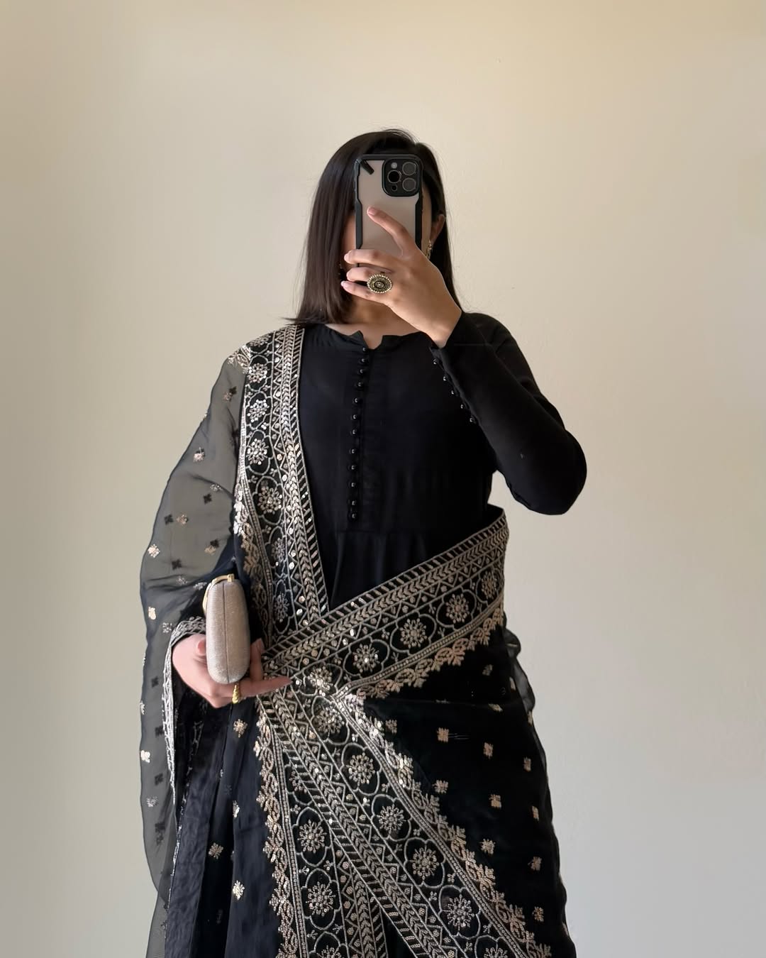 Kalamkari fox georgette black Anarkali suit set