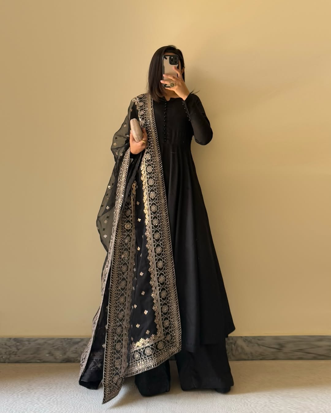 Kalamkari fox georgette black Anarkali suit set