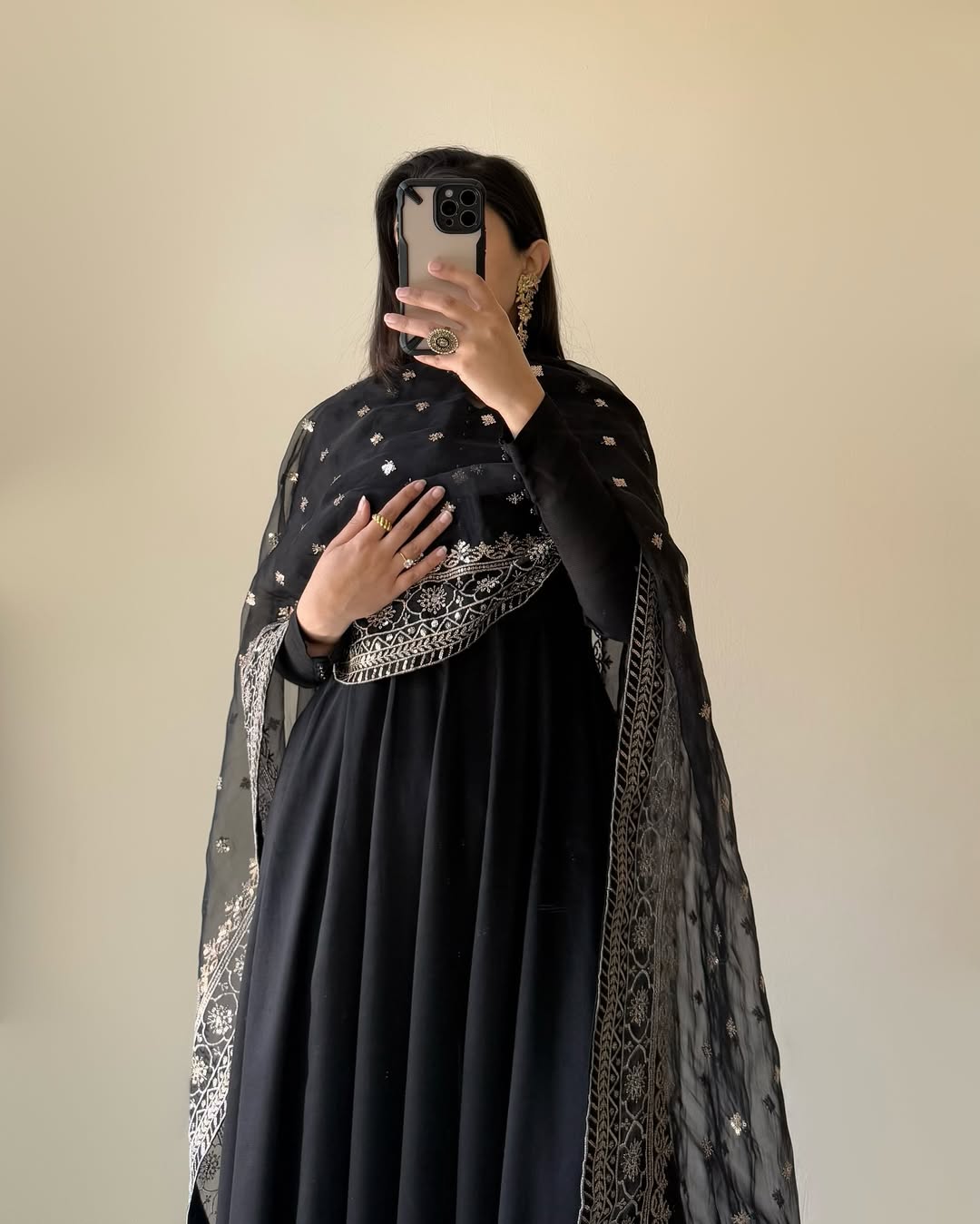 Kalamkari fox georgette black Anarkali suit set