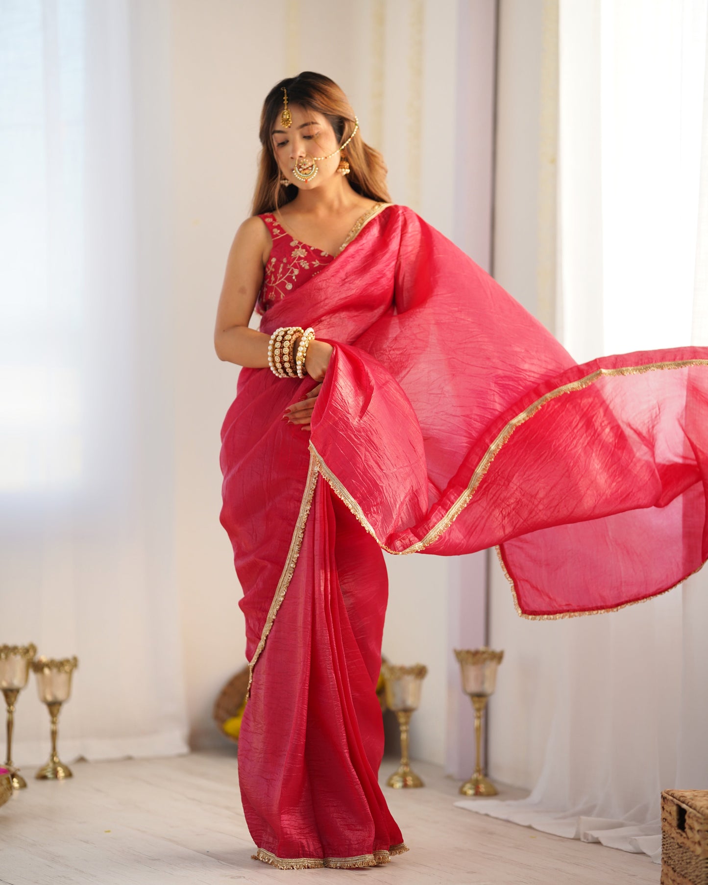 Elegant Pink Saree with Golden Border
