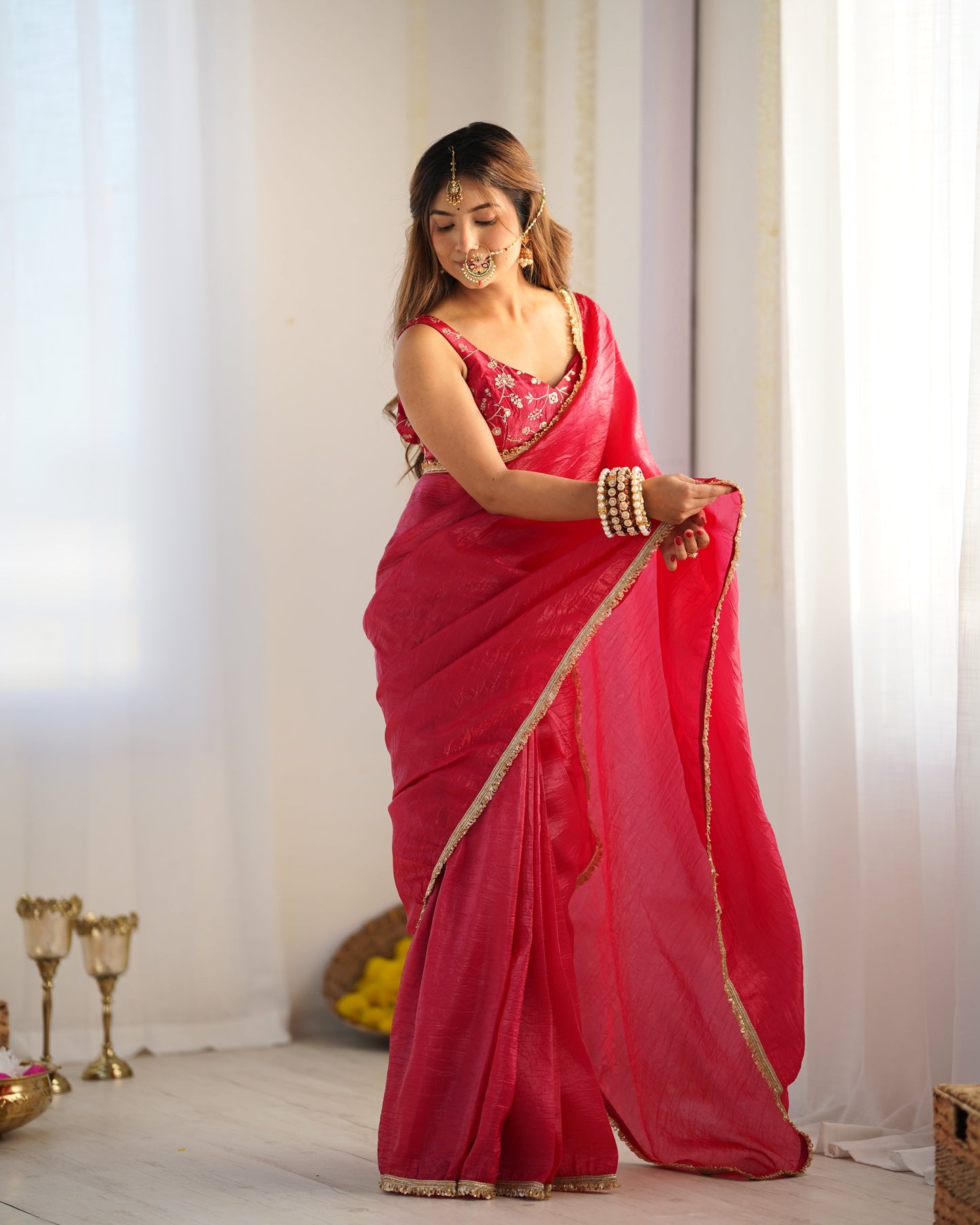 Elegant Pink Saree with Golden Border