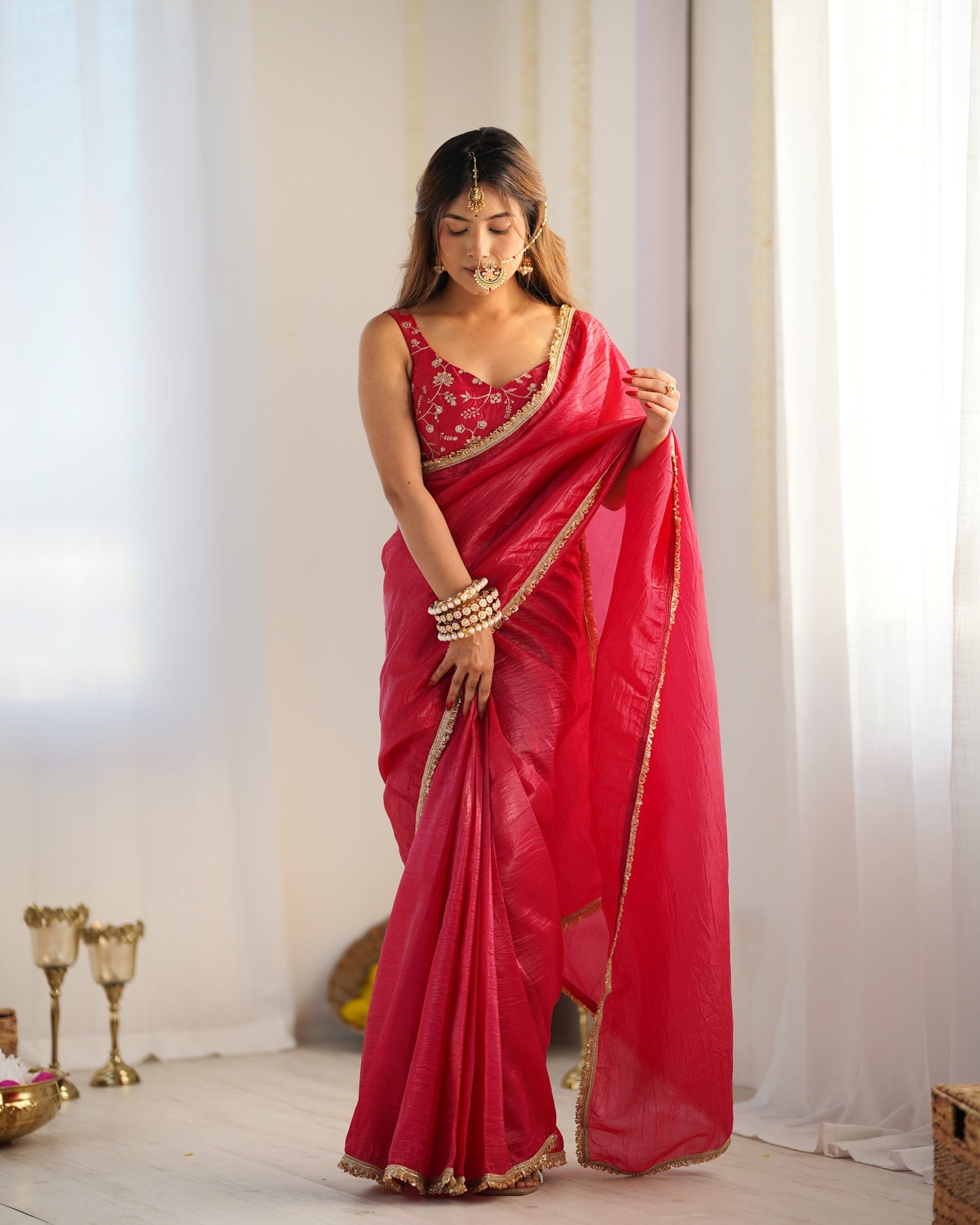 Elegant Pink Saree with Golden Border