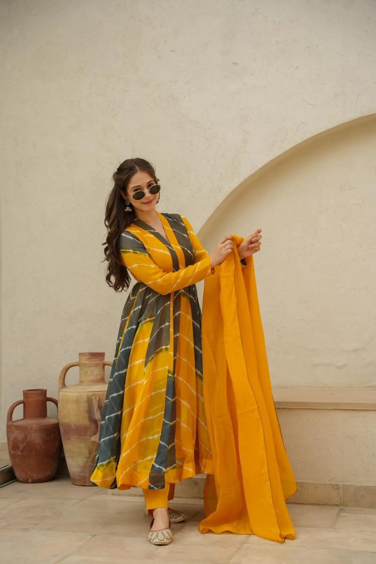 Nikita Mustard & Black Color Organza Suit Set