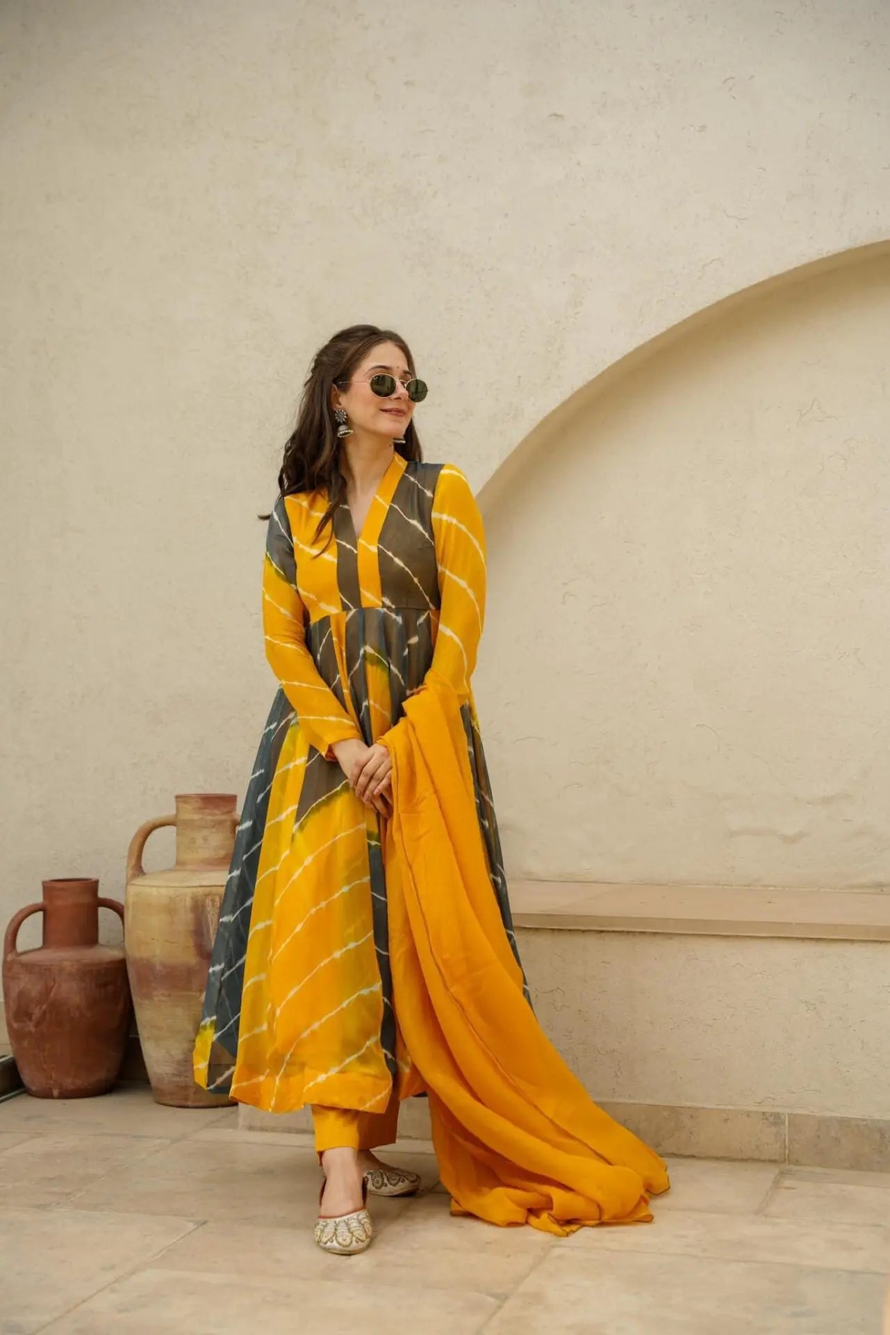 Nikita Mustard & Black Color Organza Suit Set
