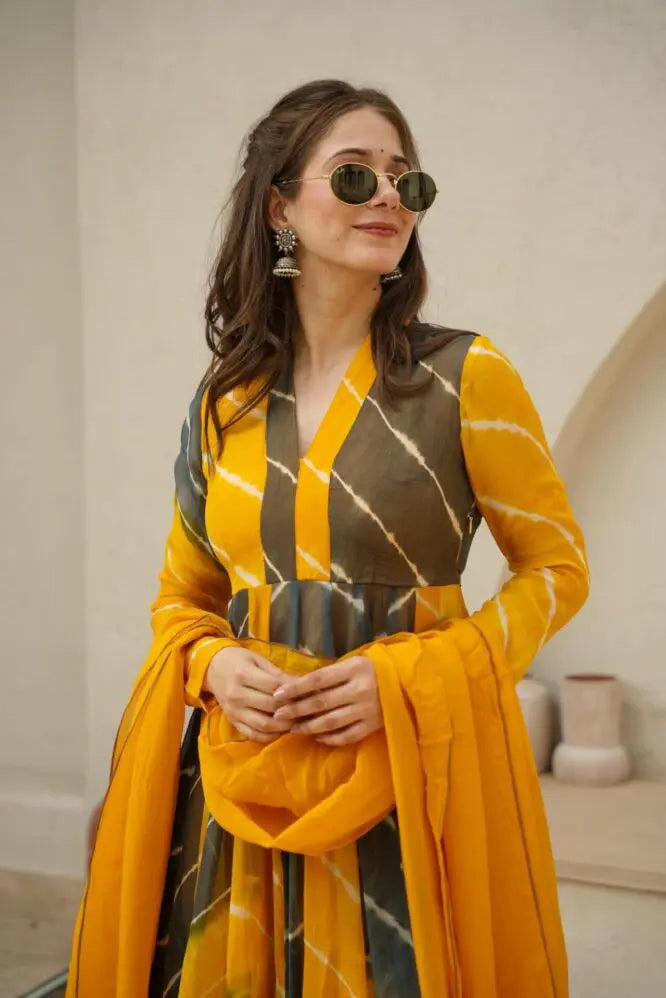Nikita Mustard & Black Color Organza Suit Set