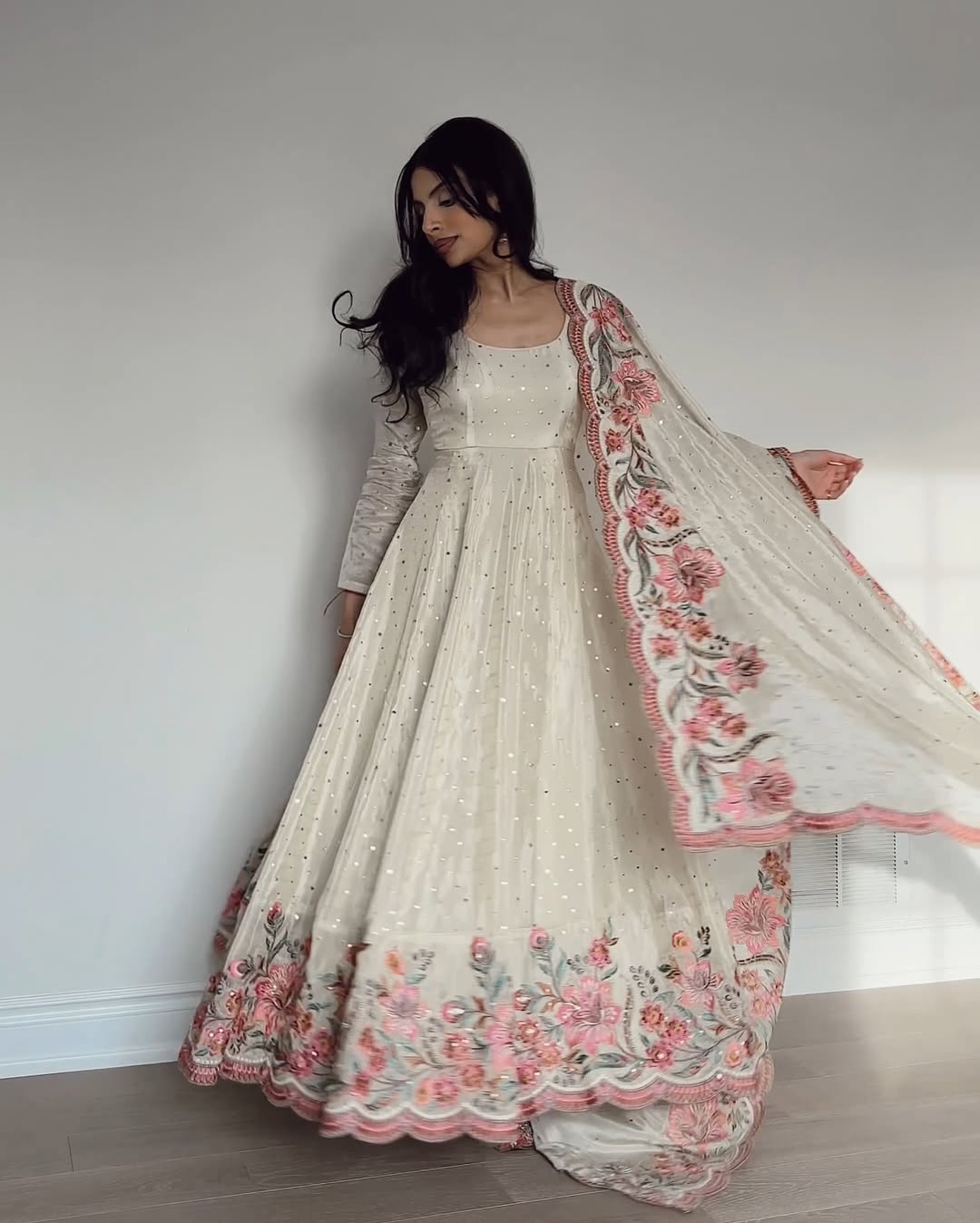 Ethereal Bloom Pure Chinon Silk Crafted Anarkali Gown
