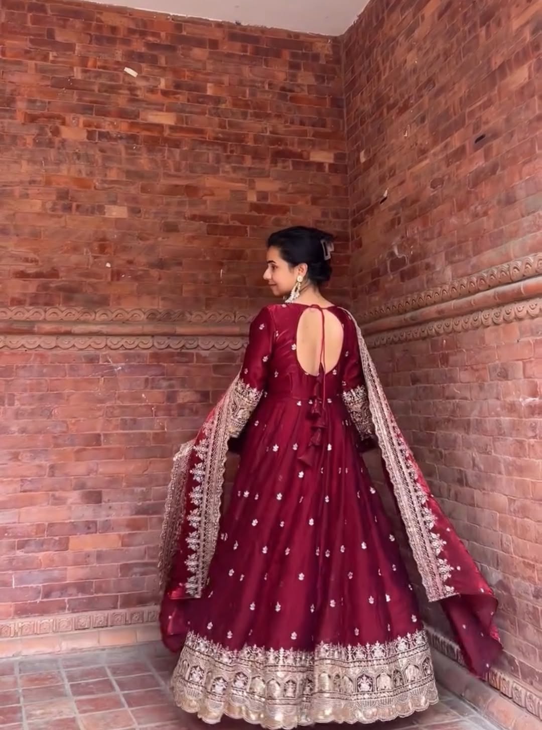 Aleeza Maroon Zari Dori Anarkali Gown Set