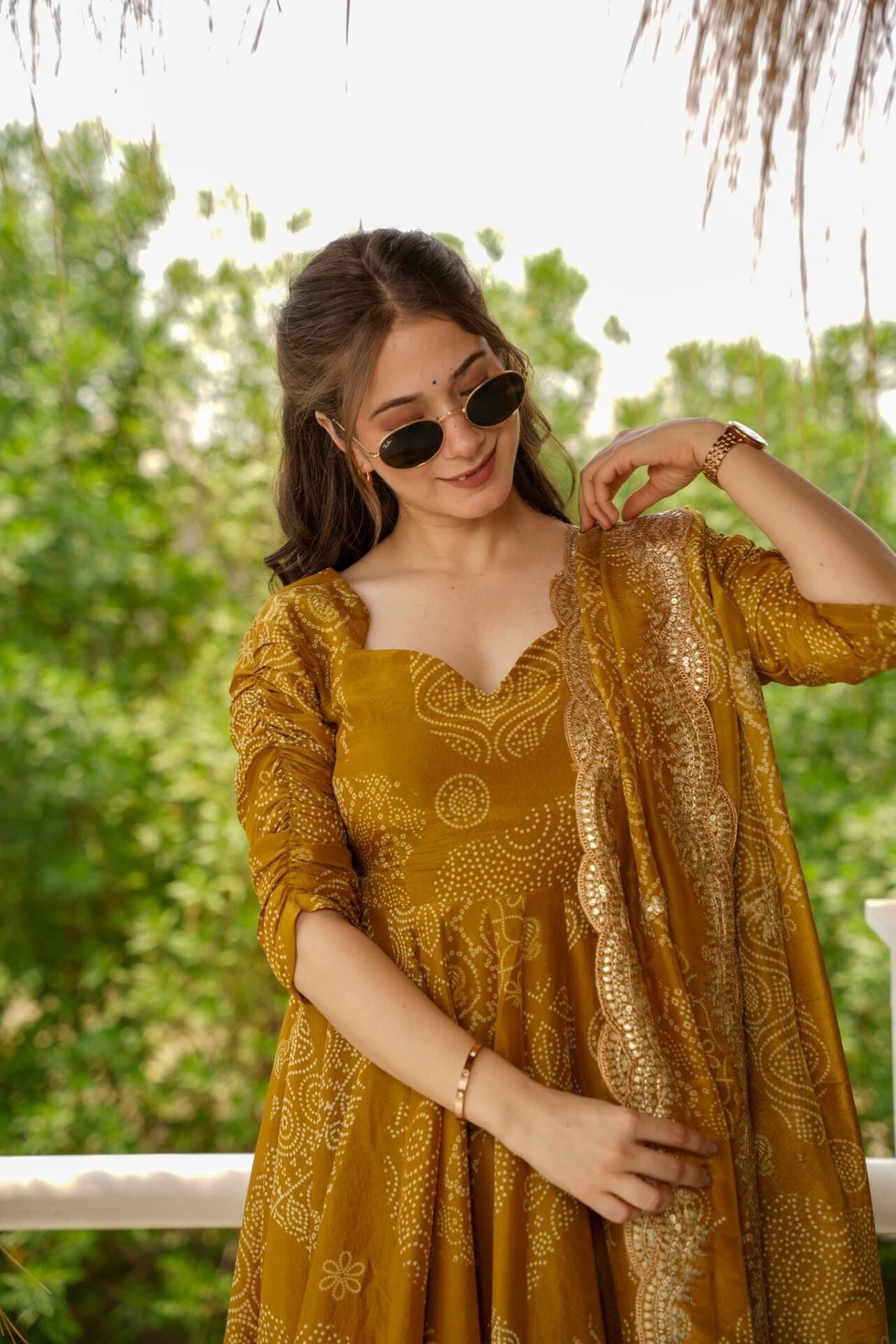 Maitry Bandhani Mehandi Color Anarkali Suit Set