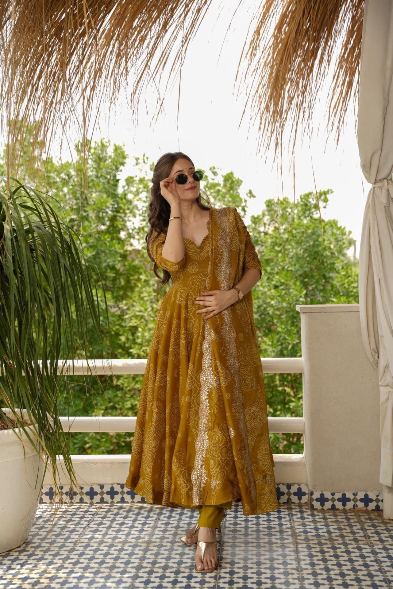 Maitry Bandhani Mehandi Color Anarkali Suit Set