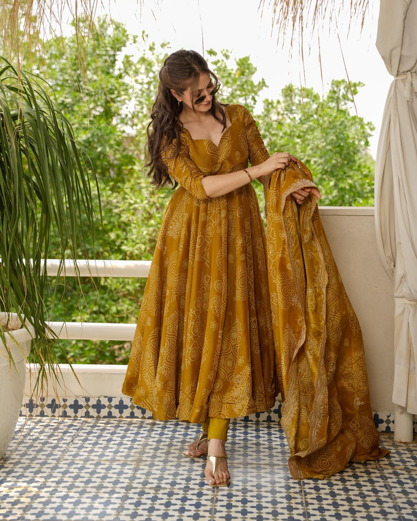 Maitry Bandhani Mehandi Color Anarkali Suit Set