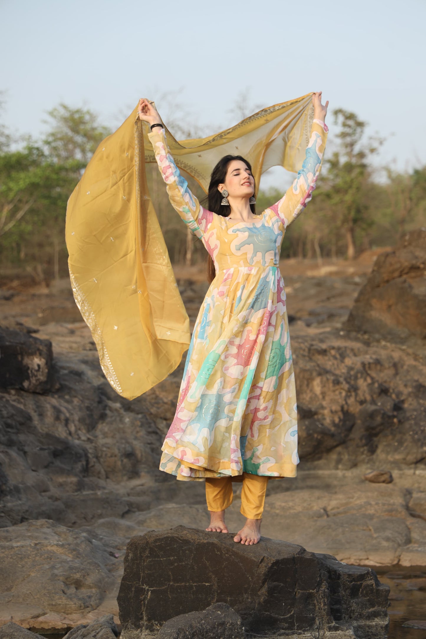 Nancy Multi Coloured Hand Print Anarkali Suit Set