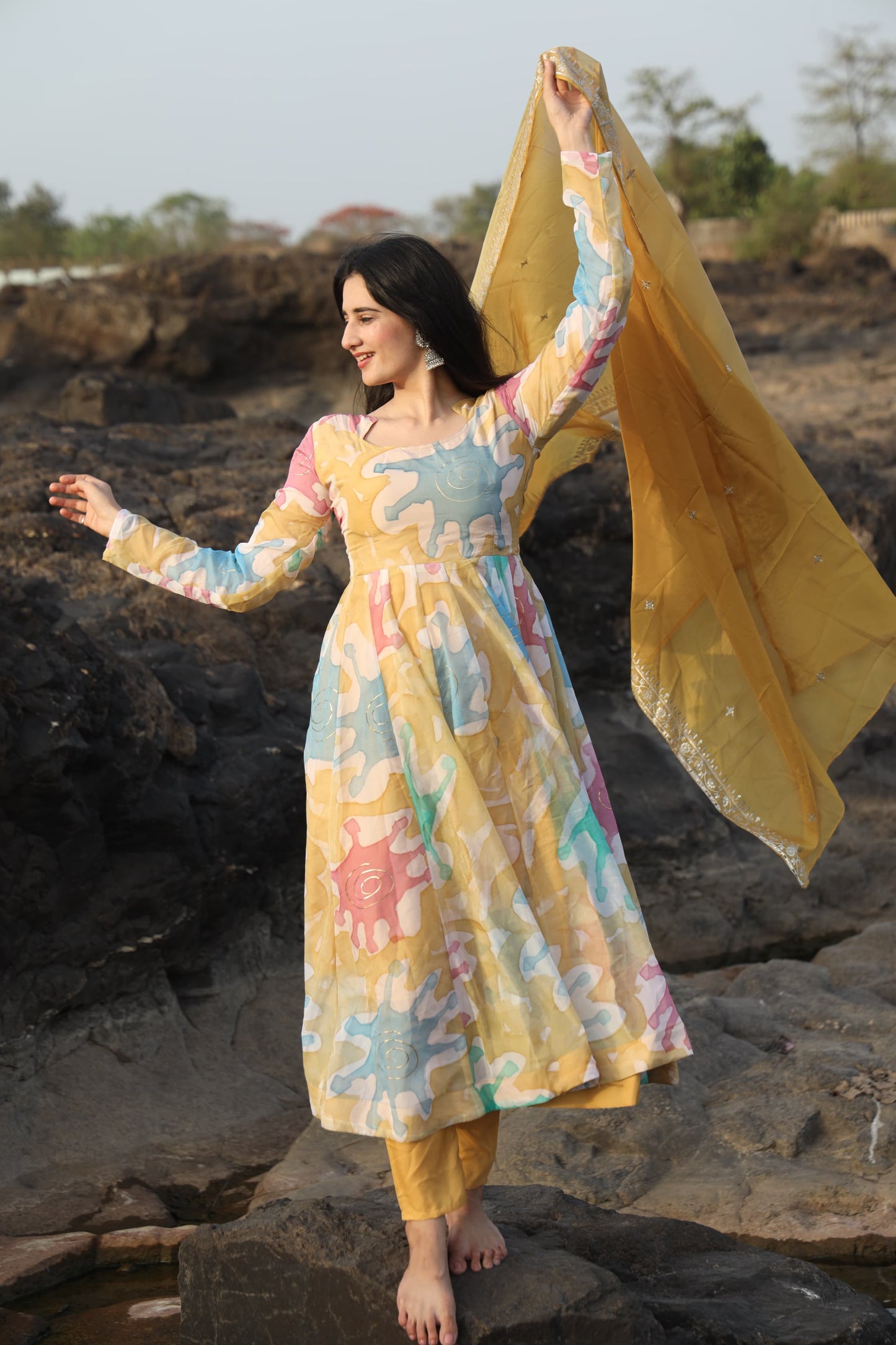 Nancy Multi Coloured Hand Print Anarkali Suit Set