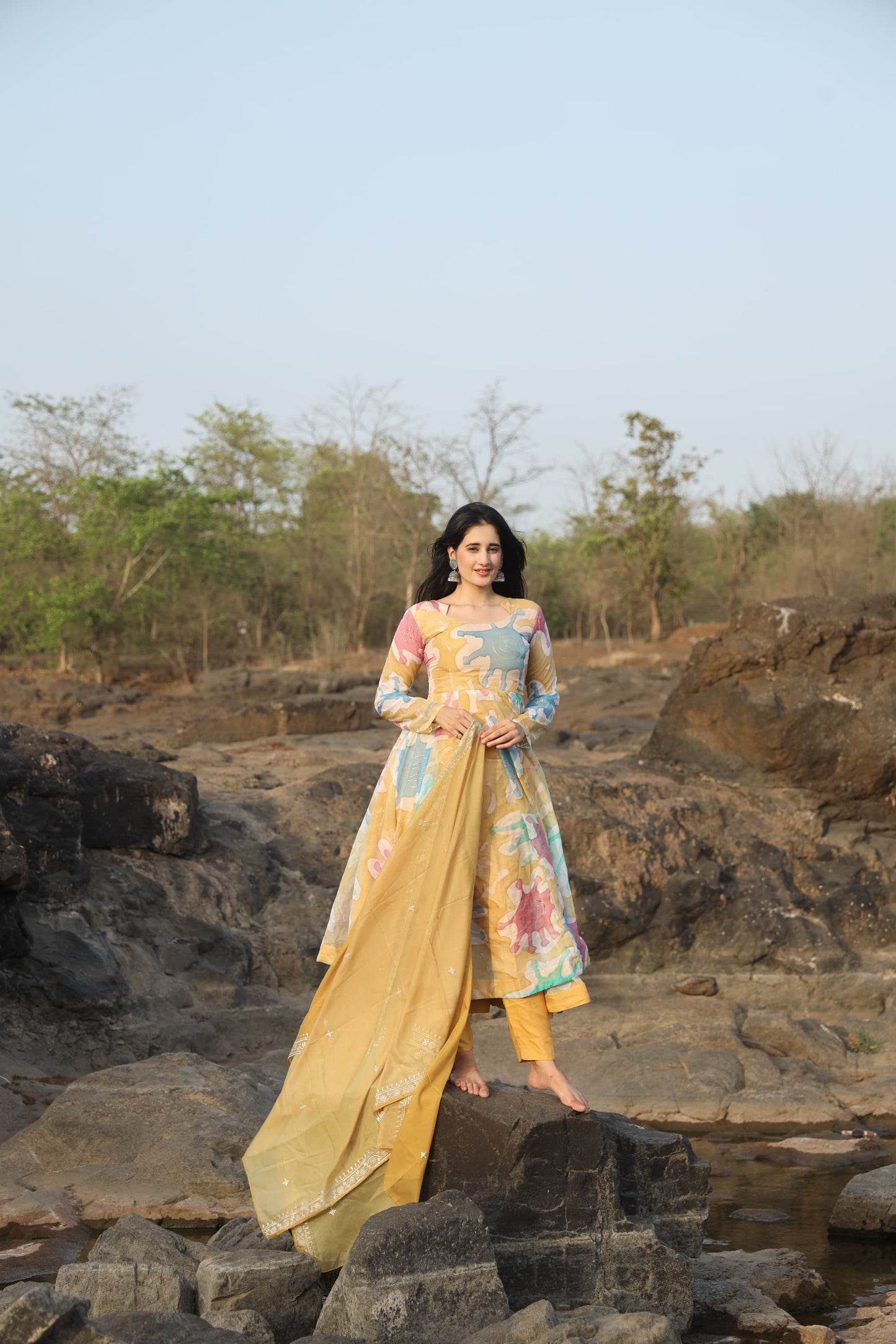 Nancy Multi Coloured Hand Print Anarkali Suit Set