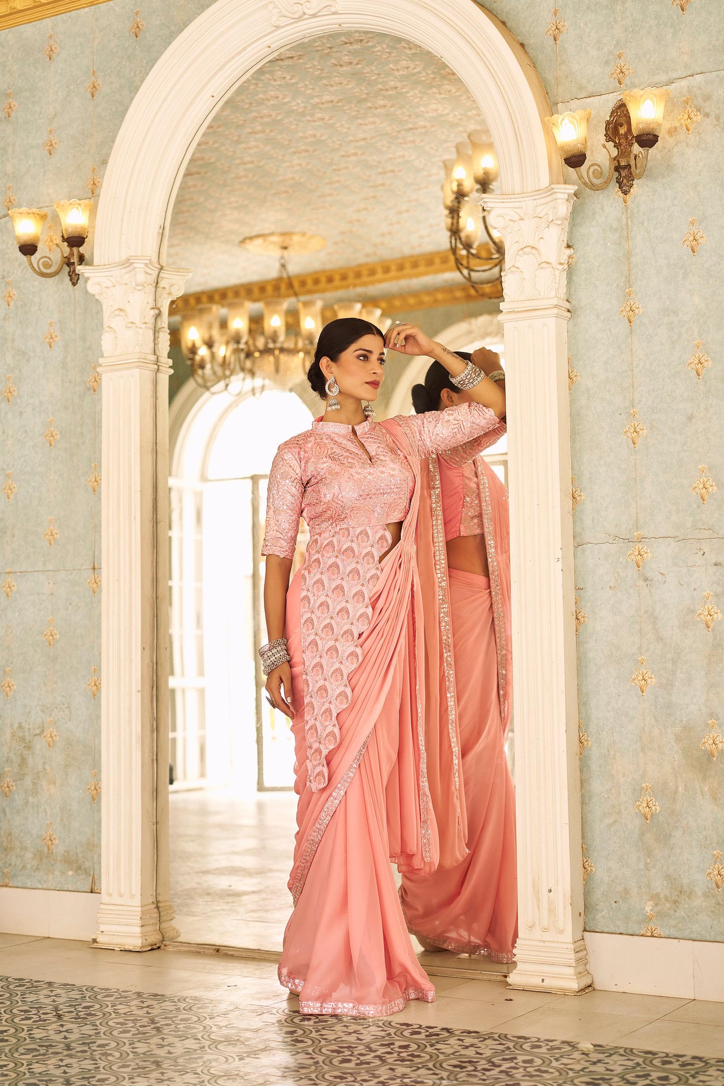Rajwadi Roop Ready To Wear Stylist Blouse Drape Saree