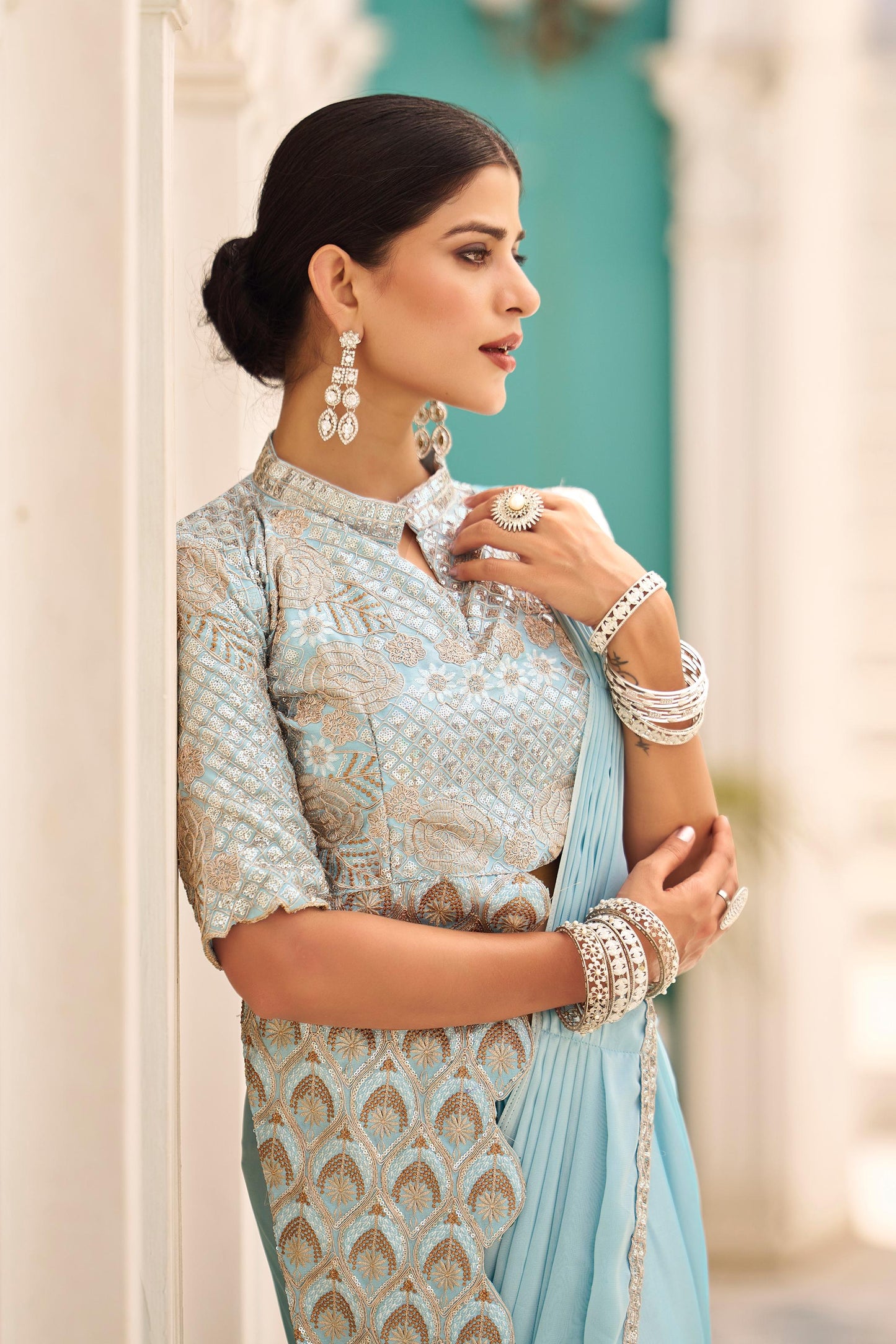 Rajwadi Roop Ready To Wear Stylist Blouse Drape Saree