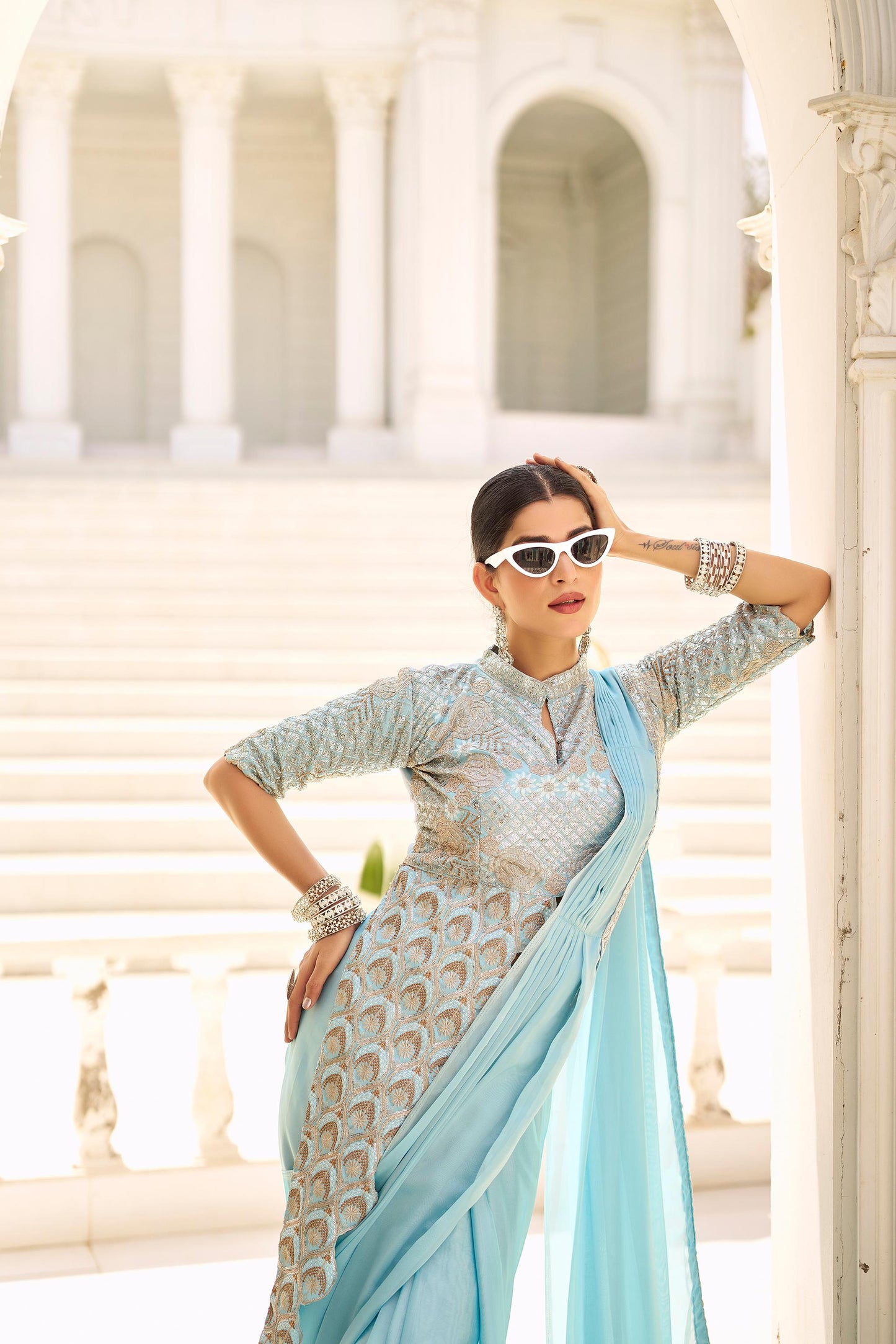 Rajwadi Roop Ready To Wear Stylist Blouse Drape Saree