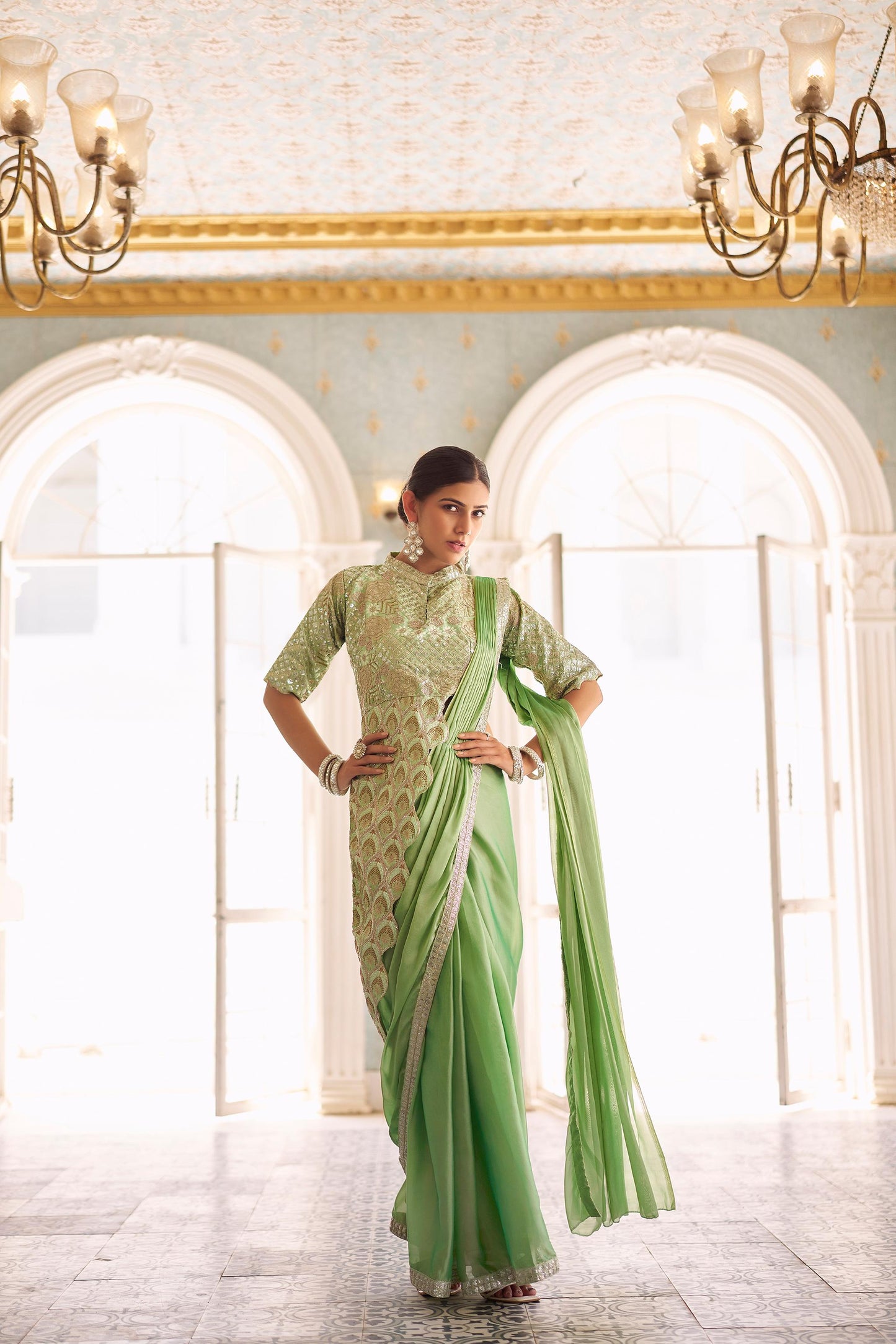 Rajwadi Roop Ready To Wear Stylist Blouse Drape Saree