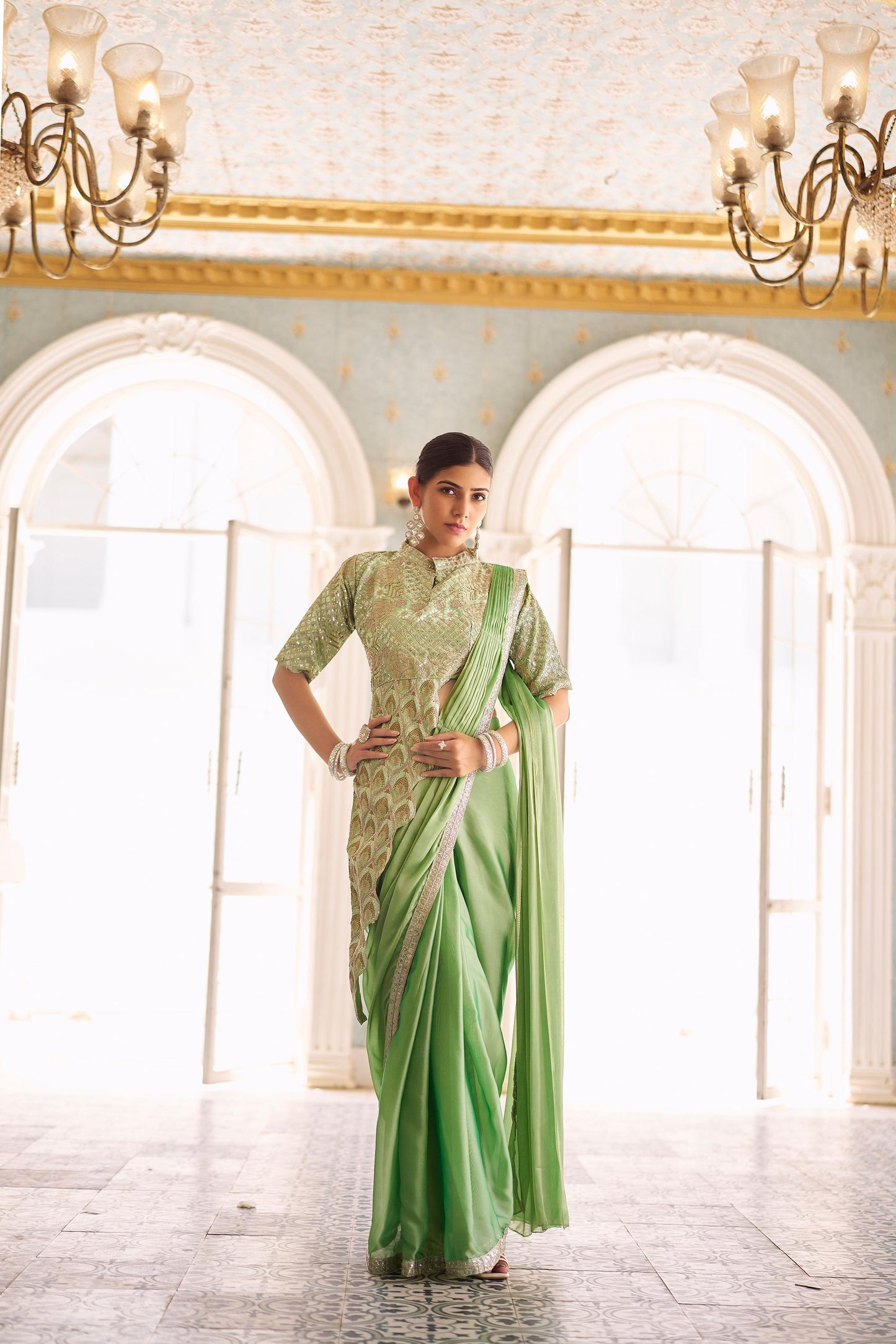 Rajwadi Roop Ready To Wear Stylist Blouse Drape Saree