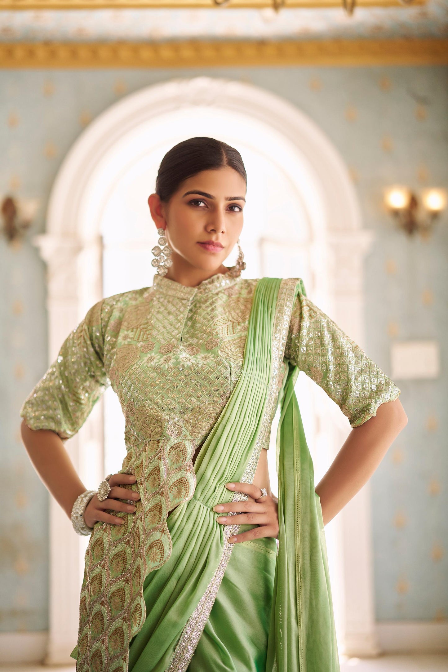 Rajwadi Roop Ready To Wear Stylist Blouse Drape Saree