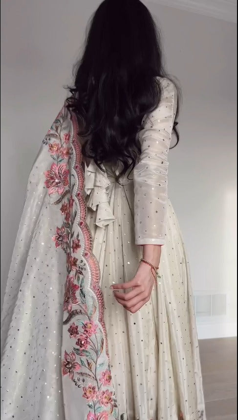 Ethereal Bloom Pure Chinon Silk Crafted Anarkali Gown