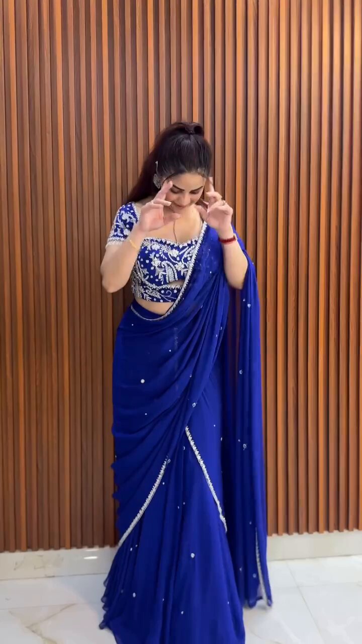 Glamorous Royal Blue Designer Embroidered Lehenga Saree