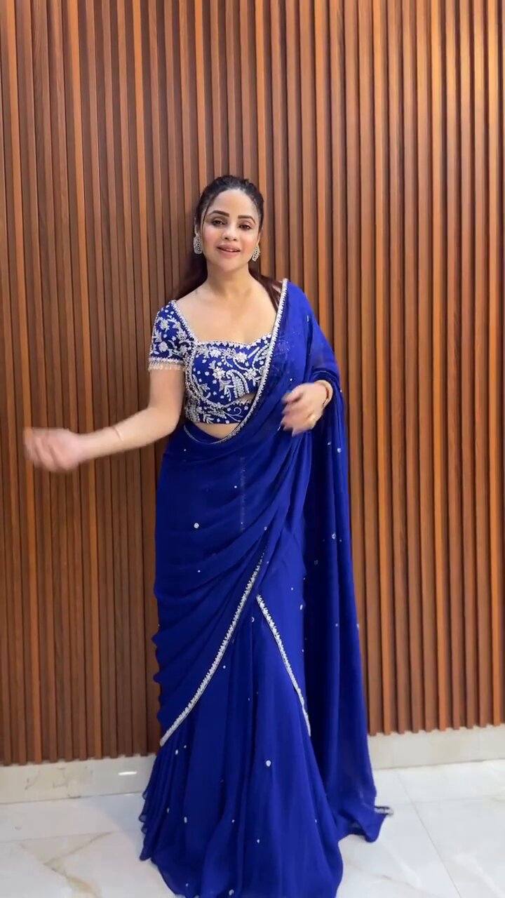 Glamorous Royal Blue Designer Embroidered Lehenga Saree