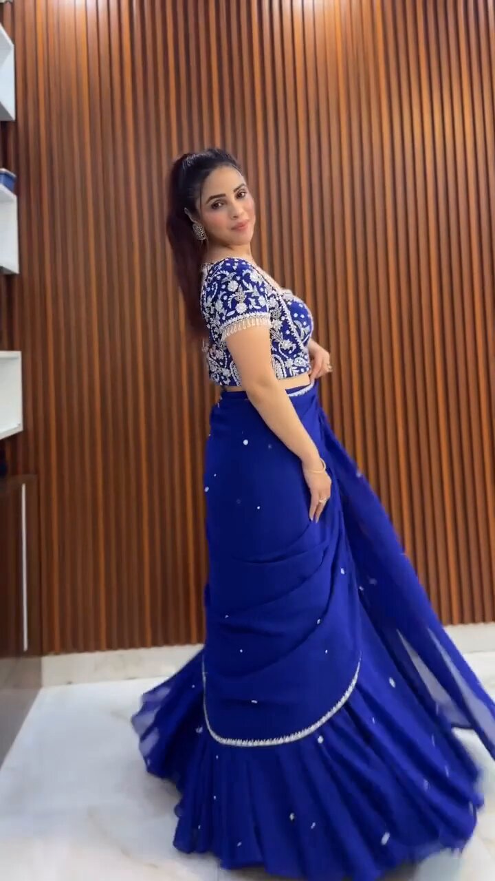 Glamorous Royal Blue Designer Embroidered Lehenga Saree